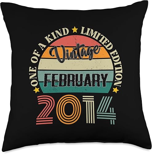 10 Year Old Vintage February 2014 10th Birthday Retro Throw Pillow, 18x18, Multicolor