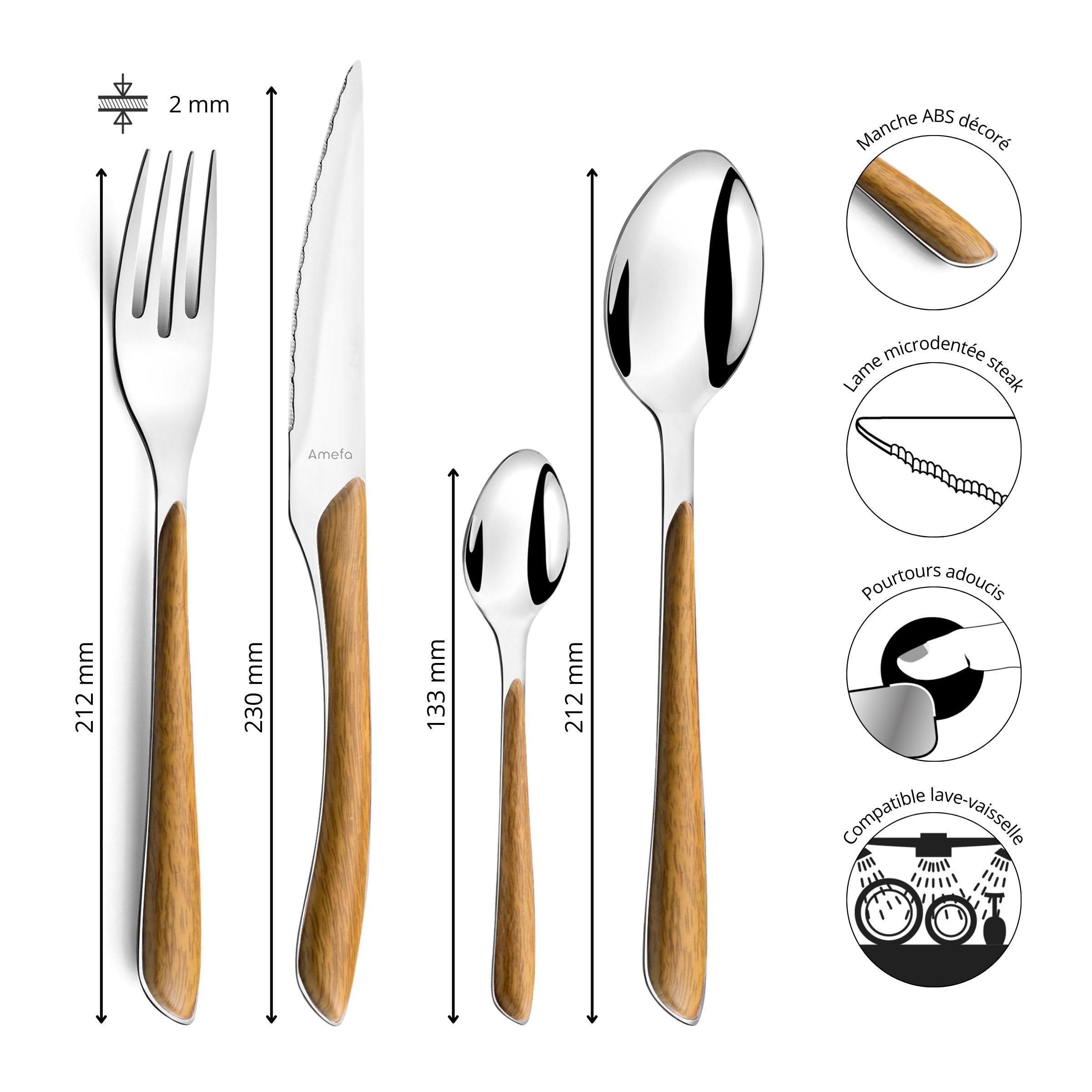 AMEFA - Ménagère 24 couverts de table pour 6 personnes - Eclat Nature - Acier inoxydable 18/0, Finition Brillante - Bois Clair