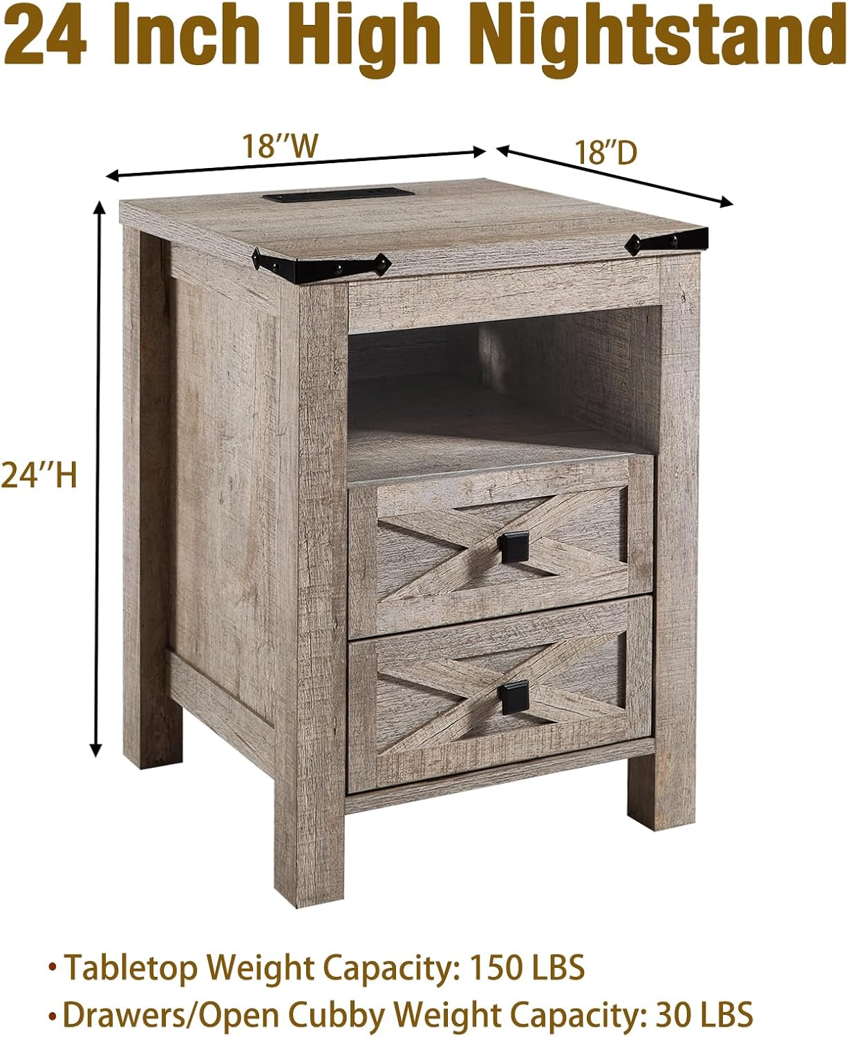 Gray Farmhouse Nightstand with Charging Station and Storage