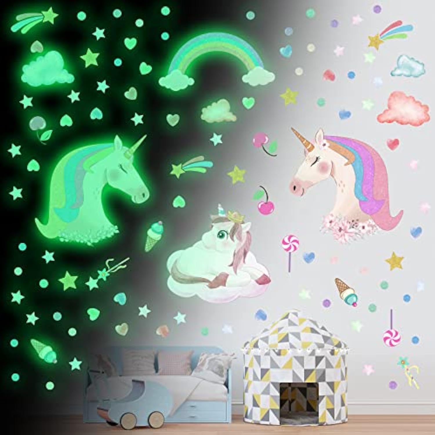 Glow in The Dark Unicorn Wall Stickers Decals, Removable Dots Stars Decals for Ceiling, Luminous Rainbow Wall Decal for Nursery, Room Decor Boys Girls