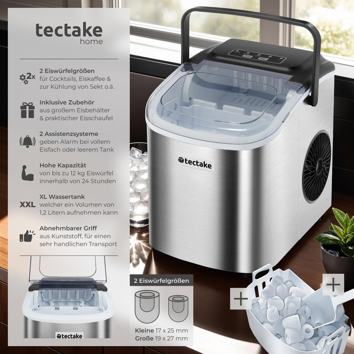 tectake® Eiswürfelmaschine, Ice Maker mit Griff, Eiswürfelbereiter, Maschine bereitet 9 Würfel in 6min, 12kg in 24h, 1,2 l Volumen, 2 Eiswürfelgrößen, selbstreinigend, mit Eisschaufel, Bar - silber