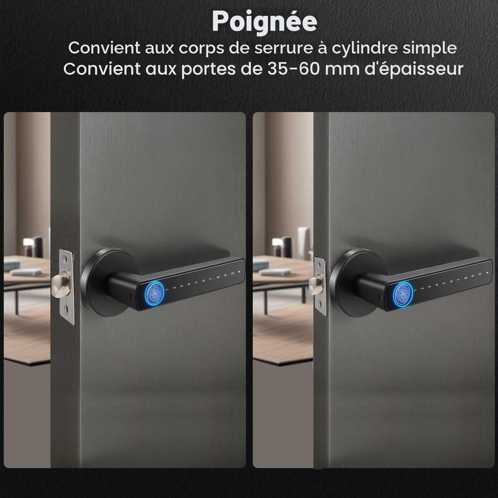 Serrure de Porte Intelligente, Serrure Connectée Wifi Tuya Serrure de Porte Intelligente Serrure Électronique Biométrique Empreintes Digitales RFID Carte Sans clé APP Télécommande Smart Lock