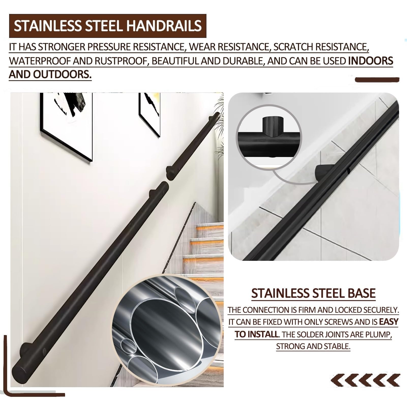 Pasamanos Pared Pasamanos De Acero For Escaleras Interiores, Kit De Soporte For Barandilla De Mano For Montaje En Pared, Varilla De Soporte(3.3ft/100cm)