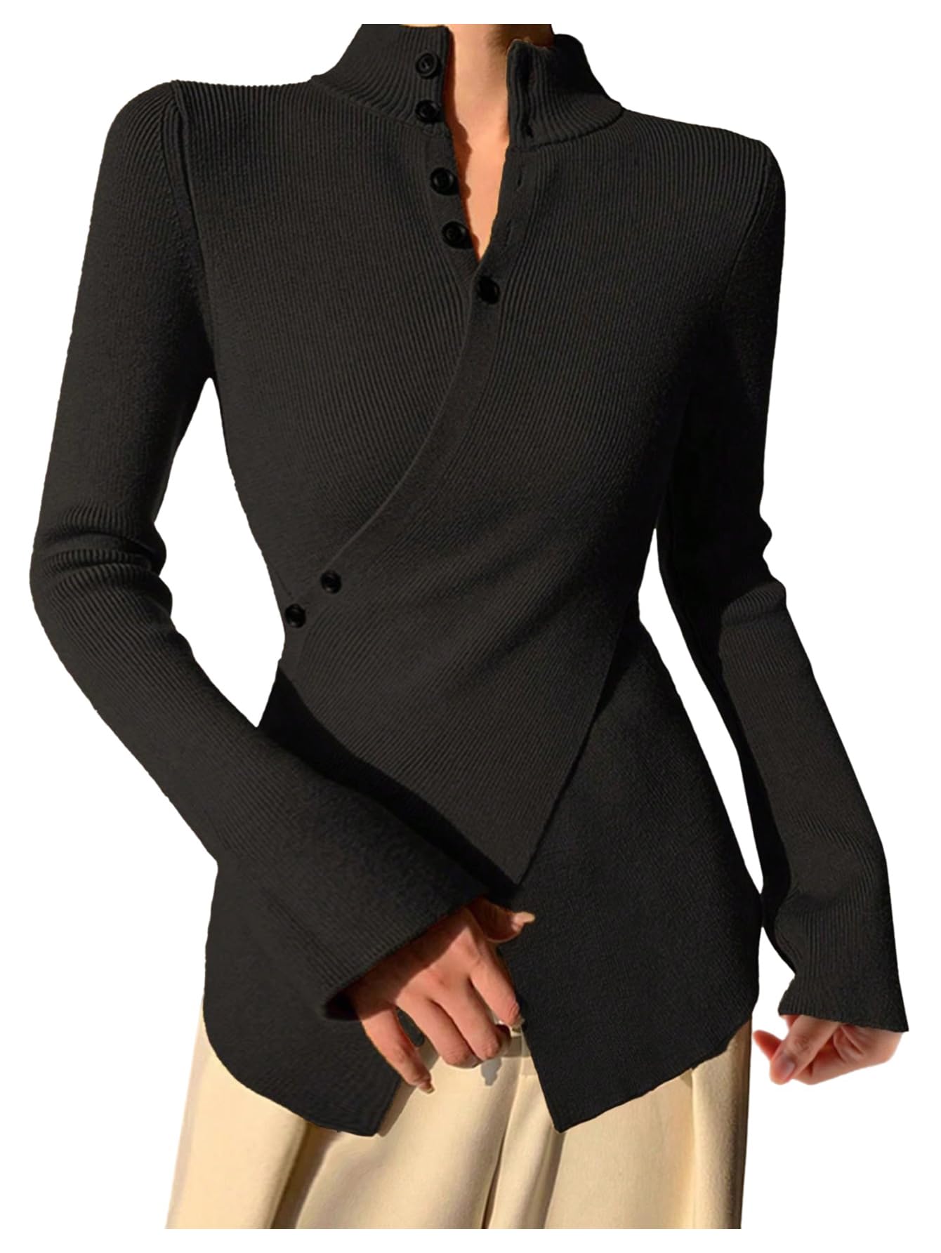 SweatyRocks Womens Mock Neck Criss Cross Wrap Sweaters Long Sleeve Fitted Knit Pullover Fall Tops