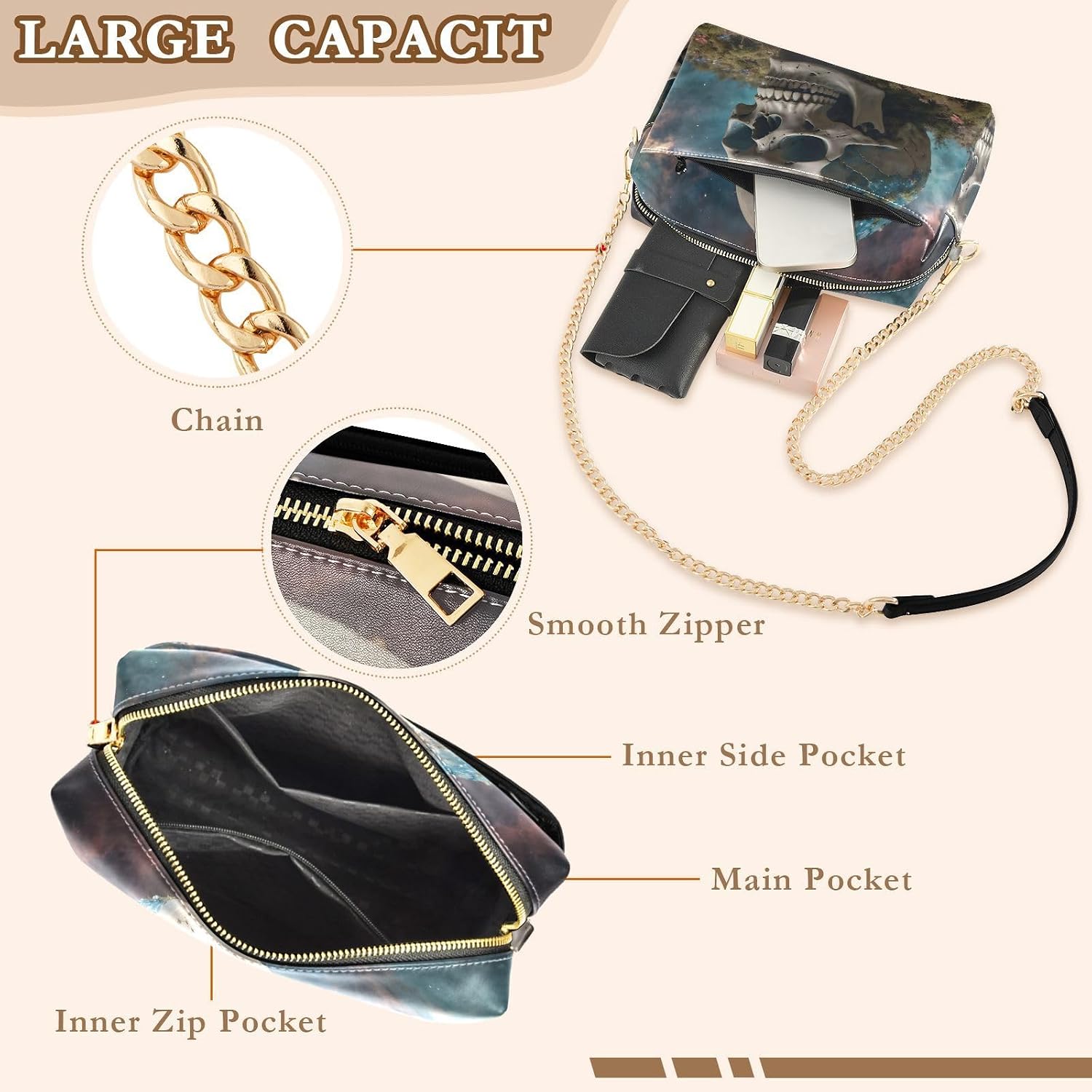 Women Crossbody Bag Shoulder Handbag Cellphone Purse PU Leather Metal Chain Strap Water Resistant Zipper Closure Skull on Island Print