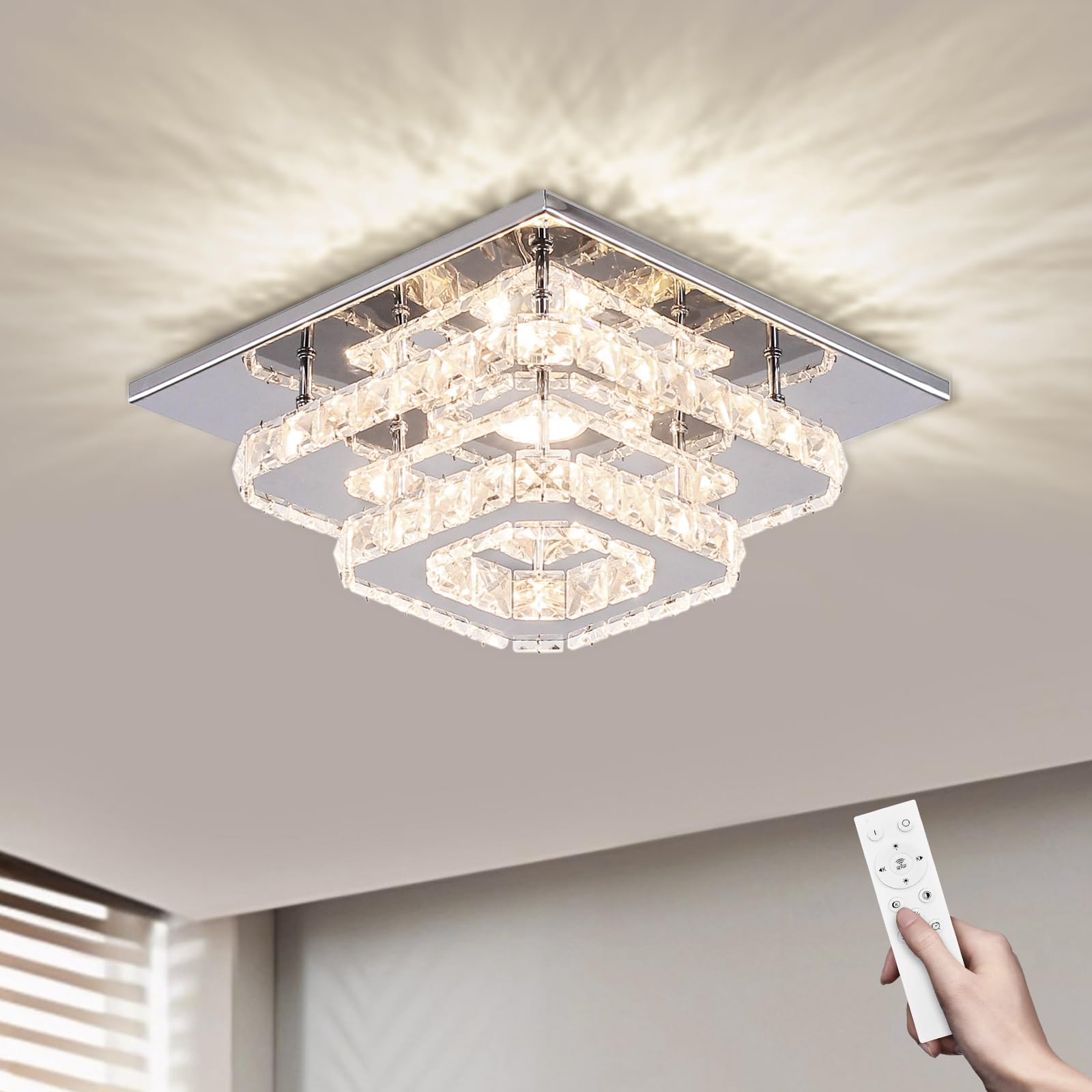 FRIXCHUR Dimmable Crystal Chandelier Ceiling Light with Remote Square Led Flush Mount Small Chandelier for Dining Room Kitchen Wedding Hallway Foyer,
