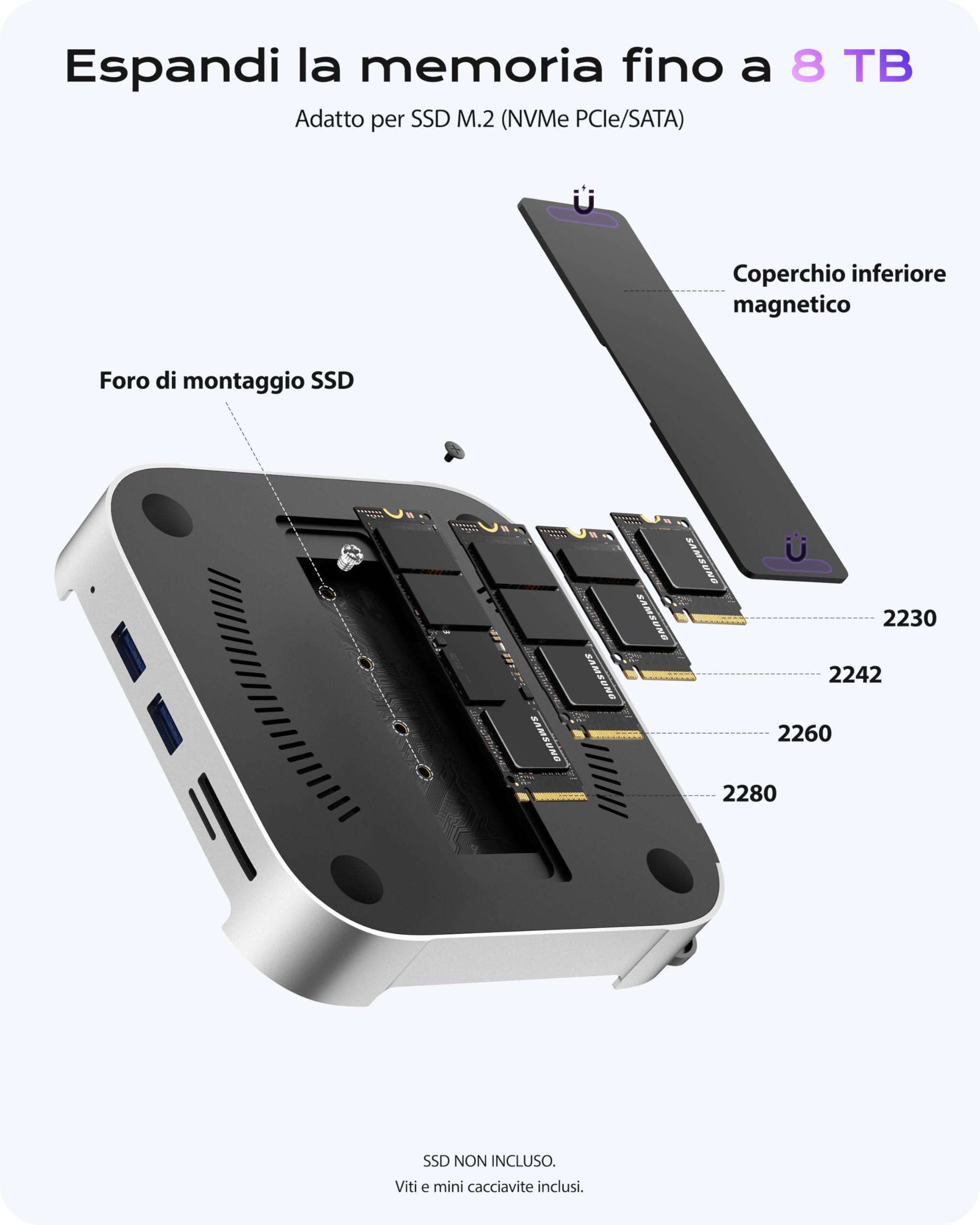 Stouchi Mac Mini M4 Dock Stand con 8TB NVMe SATA SSD Enclosure, 2* USB A 10Gbps, 4K@60Hz HDMI, SD/TF Slot, 2* USB A Data Port, Audio 3.5mm, Pulsante di accensione facile e Wi-Fi stabile per Mac mini