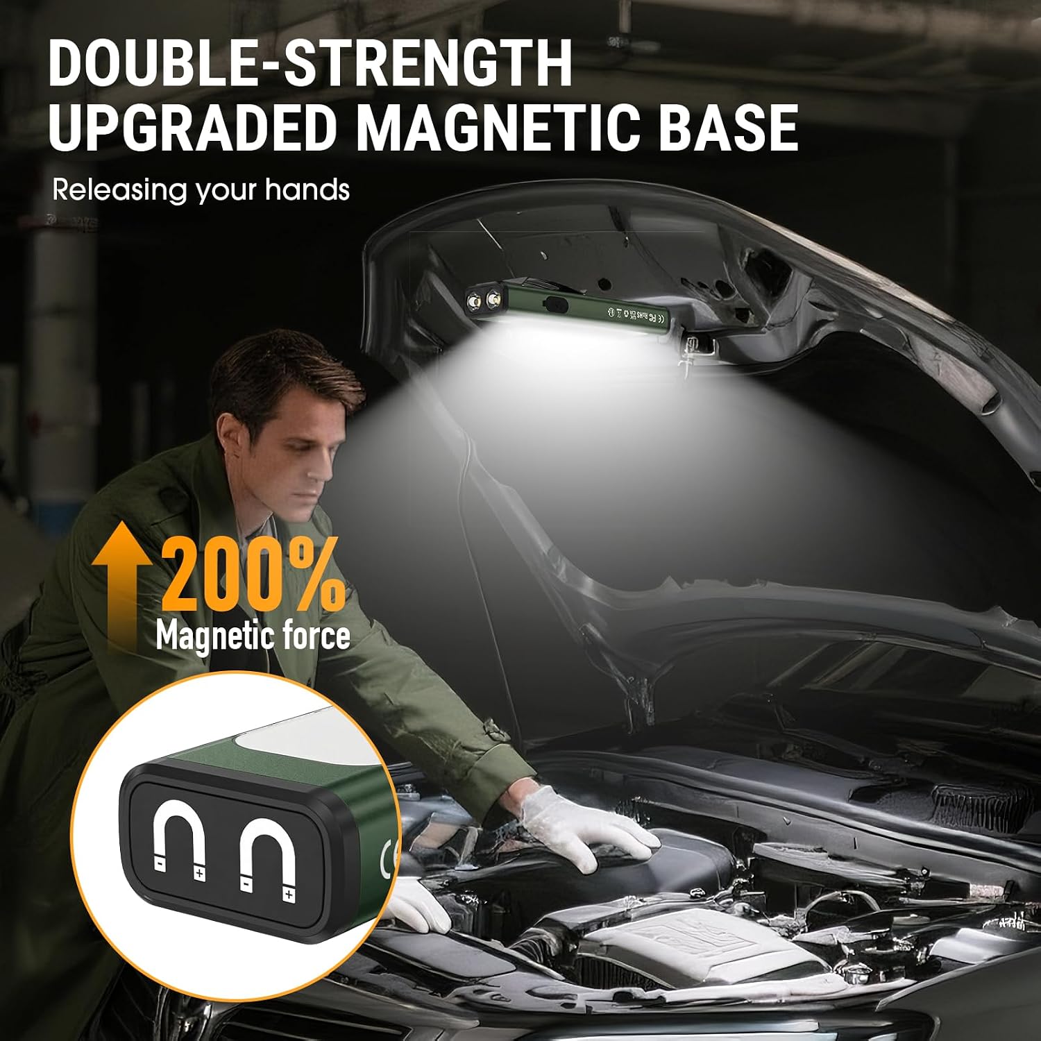 A person using the Spriak flashlight's magnetic base to attach it to a car hood, illuminating the engine bay for hands-free work.