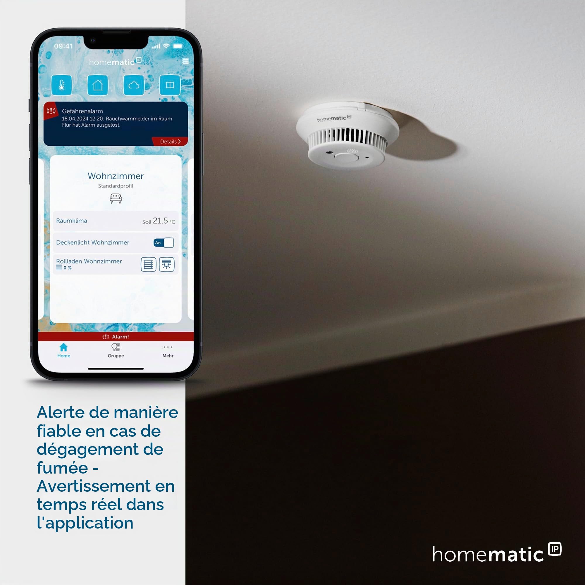 Homematic IP Smart Home 156587A0 Détecteur de fumée avec étiquette Q - Alarme Locale Via la sirène et Notification Push dans l'application Smartphone - Éclairage de Secours LED intégré