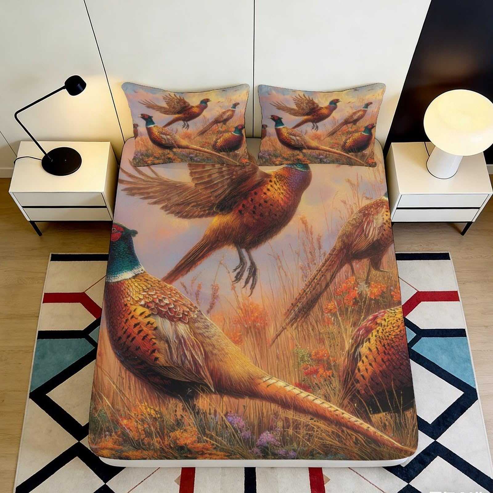 3D Printed Flying Pheasant Fitted Sheet Microfiber Soft Breathable Wild Meadow Bed Cover for Bedroom Dorm Decor 90x200x25cm