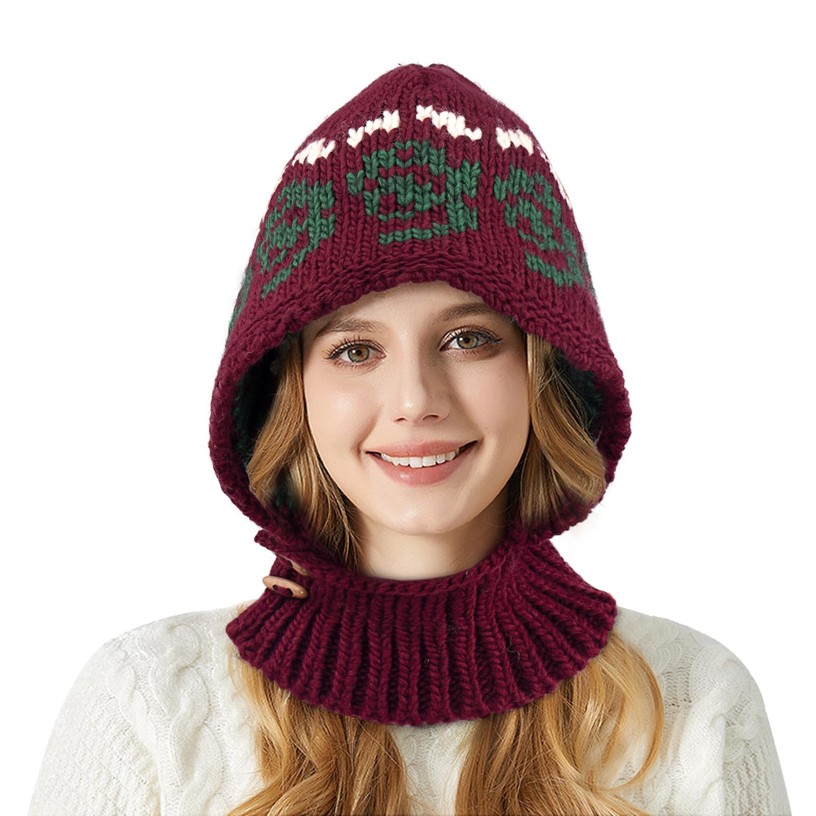 Peicees Hooded Scarf Hat Knitted Balaclava for Women Fashion Pattern Beanie Hat Neck Gaiters for Winter Warm