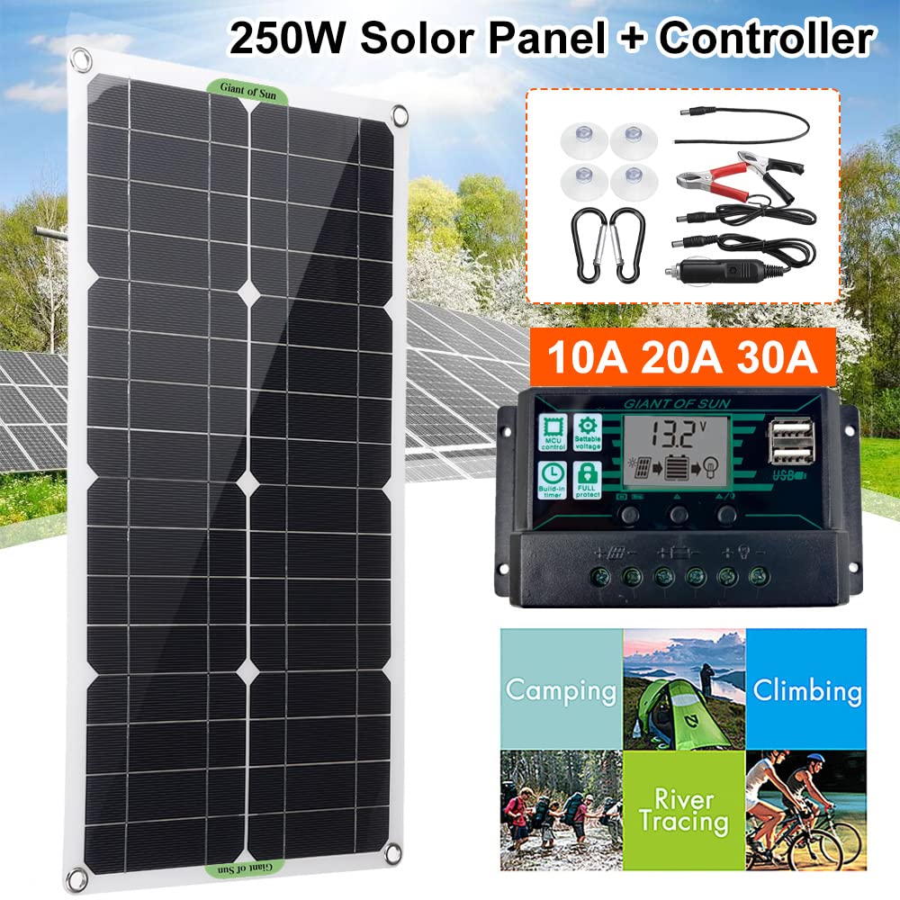 Jednokrystaliczny panel słoneczny o wysokiej wydajności 250 W, 18 V, uniwersalna i przenośna monokrystaliczna ładowarka solarna do ładowania akumulatora samochodowego RV (panel słoneczny z kontrolerem