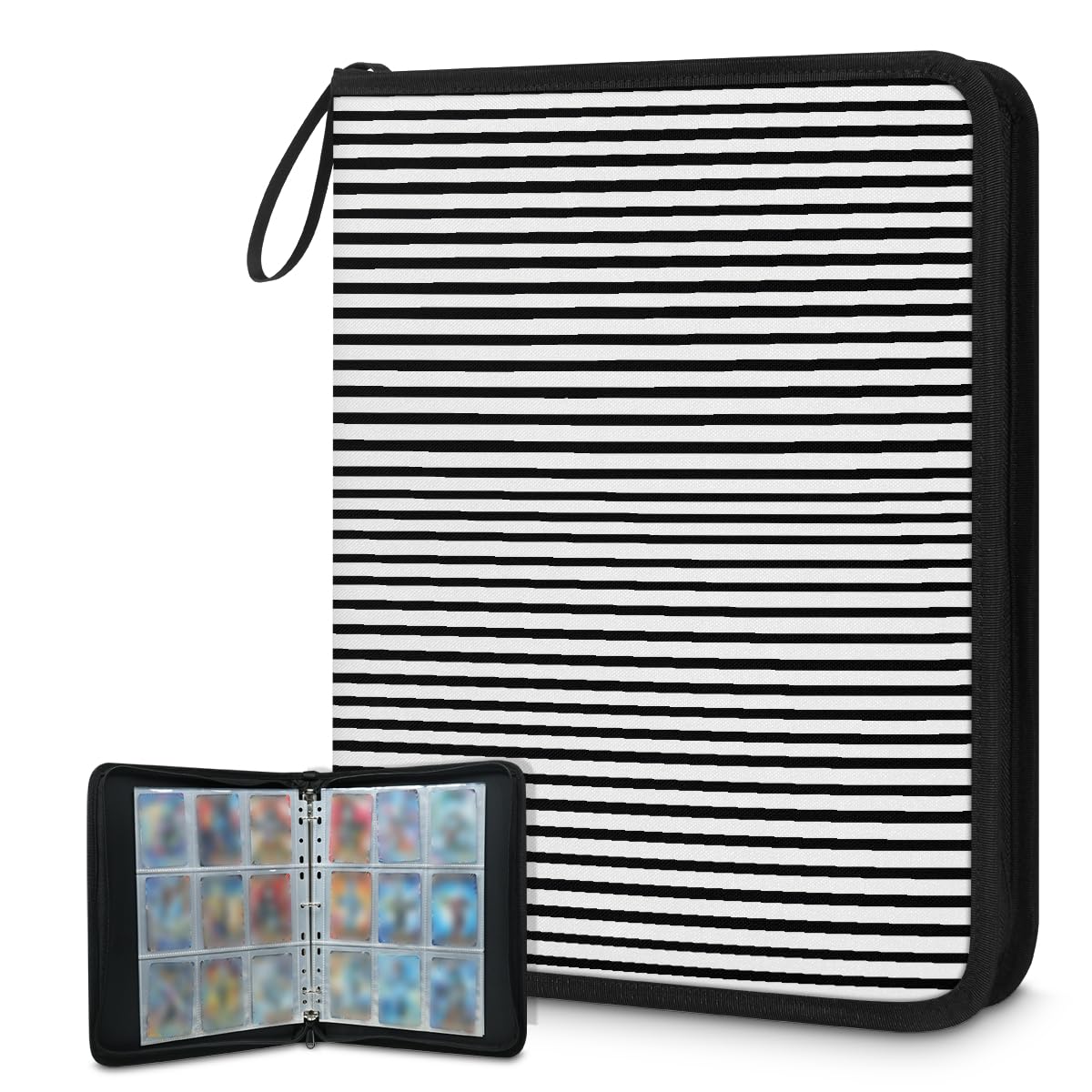 Raccoglitore per carte con 9 tasche, 900 tasche, con chiusura a cerniera (motivo a righe bianche e nere)