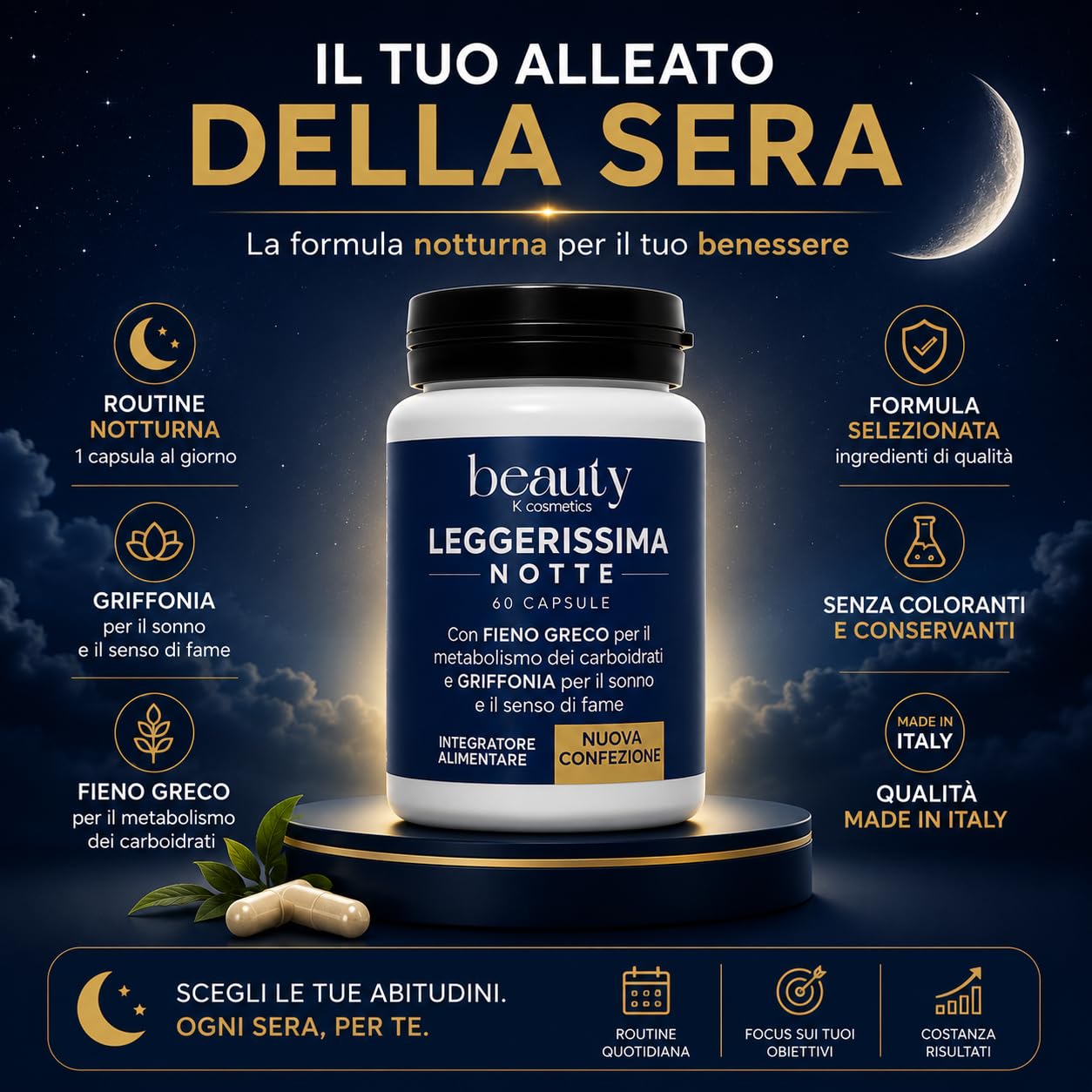 Leggerissima Notte Integratore Alimentare Notturno in Capsule, 180 Capsule | Supporto al Controllo del Peso, Benessere Notturno, Con Griffonia, Fieno Greco e Mate