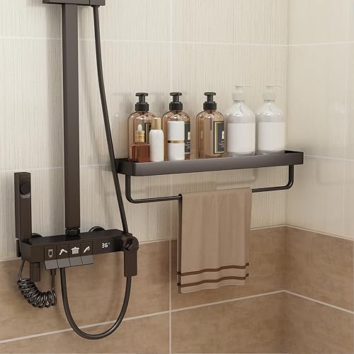 Miniatura 44 de Danpoo Estantes de baño flotantes negros de 16 pulgadas con toallero, estante de pared de vidrio templado transparente, paquete de 2 unidades, Negro