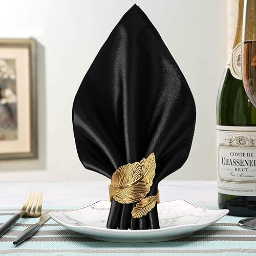 Miniatura 4 de VIJIV Juego de 12 servilletas de tela y servilletas doradas, 17 x 17 pulgadas, cuadradas, de satén, servilletas, anillos de hojas, servilletas