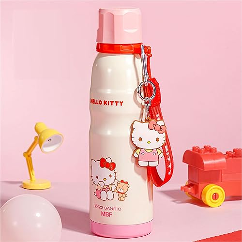 Hello Kitty - Botella de agua aislada de acero inoxidable con llavero y correa, color rosa, 20.3 fl oz