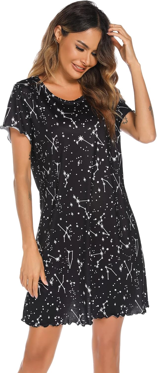 Womens Short Sleeve Sleepshirt Scoopneck Cute Nightdress Ruffle Comfy Nightgown - Image 3