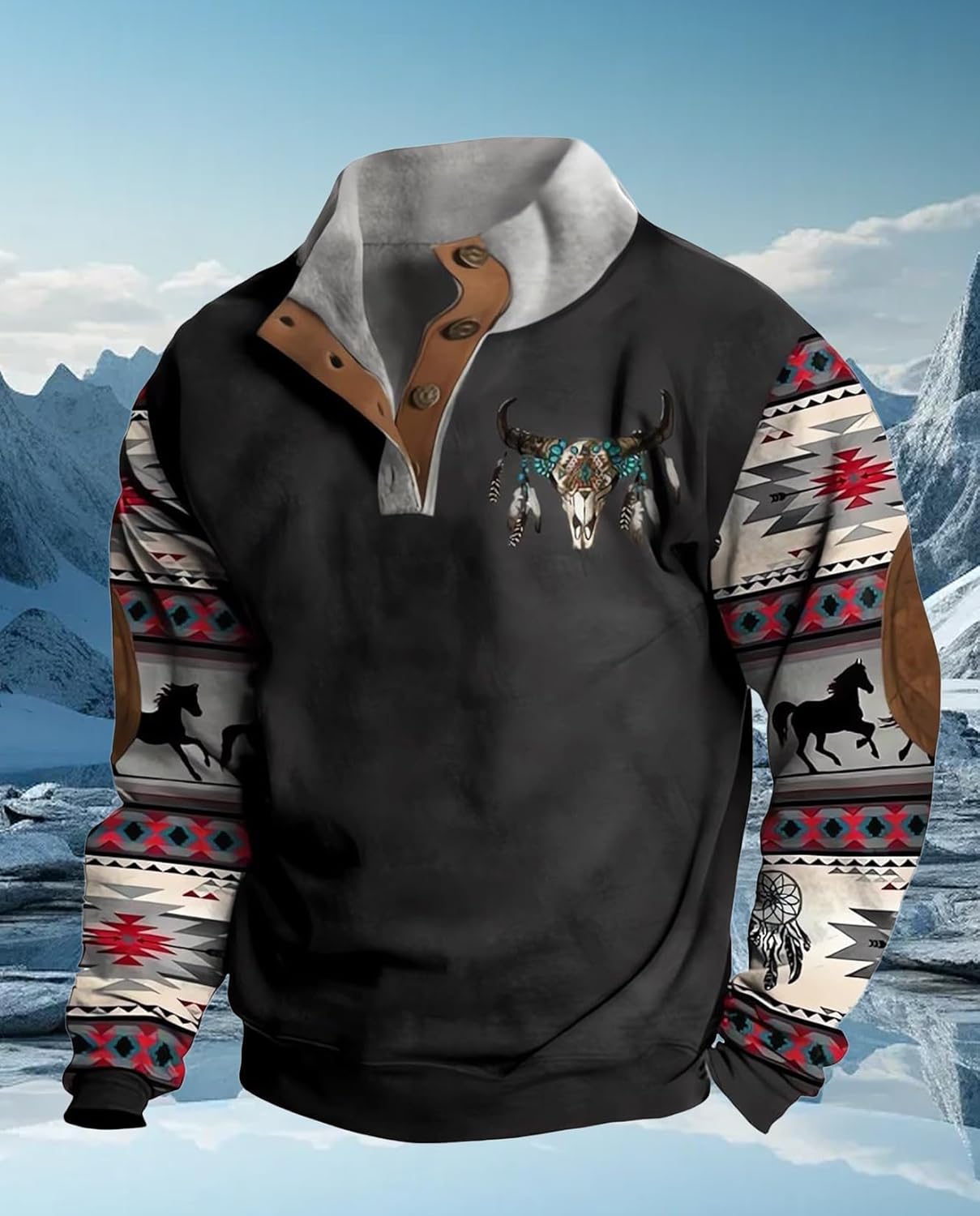 Western Sweatshirts for Men Aztec Ethnic Print Quarter Zip Pullover Fleece Hoodies Casual Stand Collar Sweatshirt - Image 4