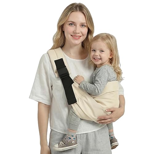 MISSWISDOM Portabebés Tipo Bandolera, Portabebés para Niños Pequeños con Doble Hebilla de Seguridad y Correa de Hombro Ajustable (7-30 libras), Beige