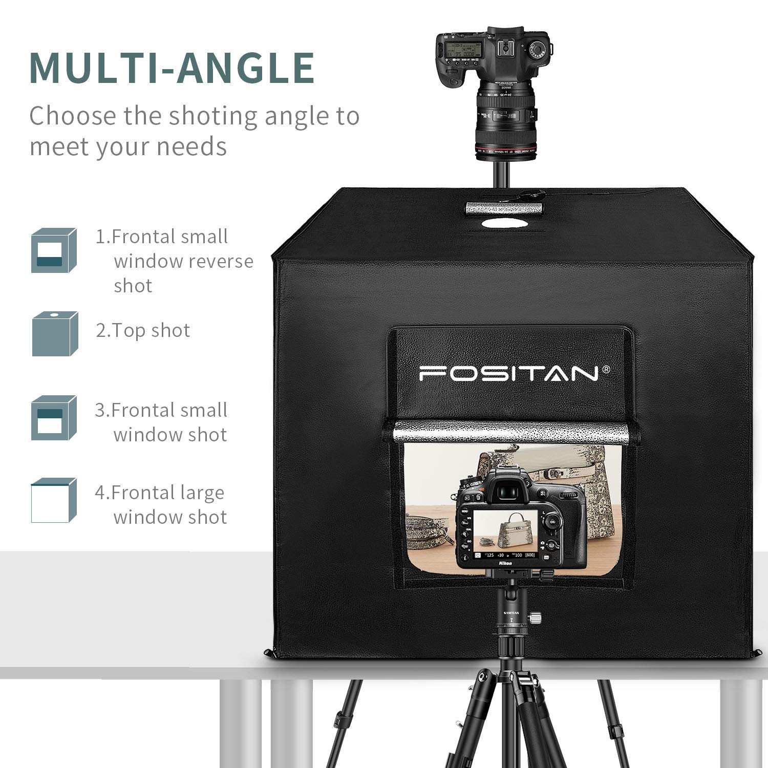 Kit Tenda Studio 80x80x80cm Fotografico Portatile con 2 strisce di LED regolabili 3 Panni Sfondi (Bianco, Nero, Arancione)