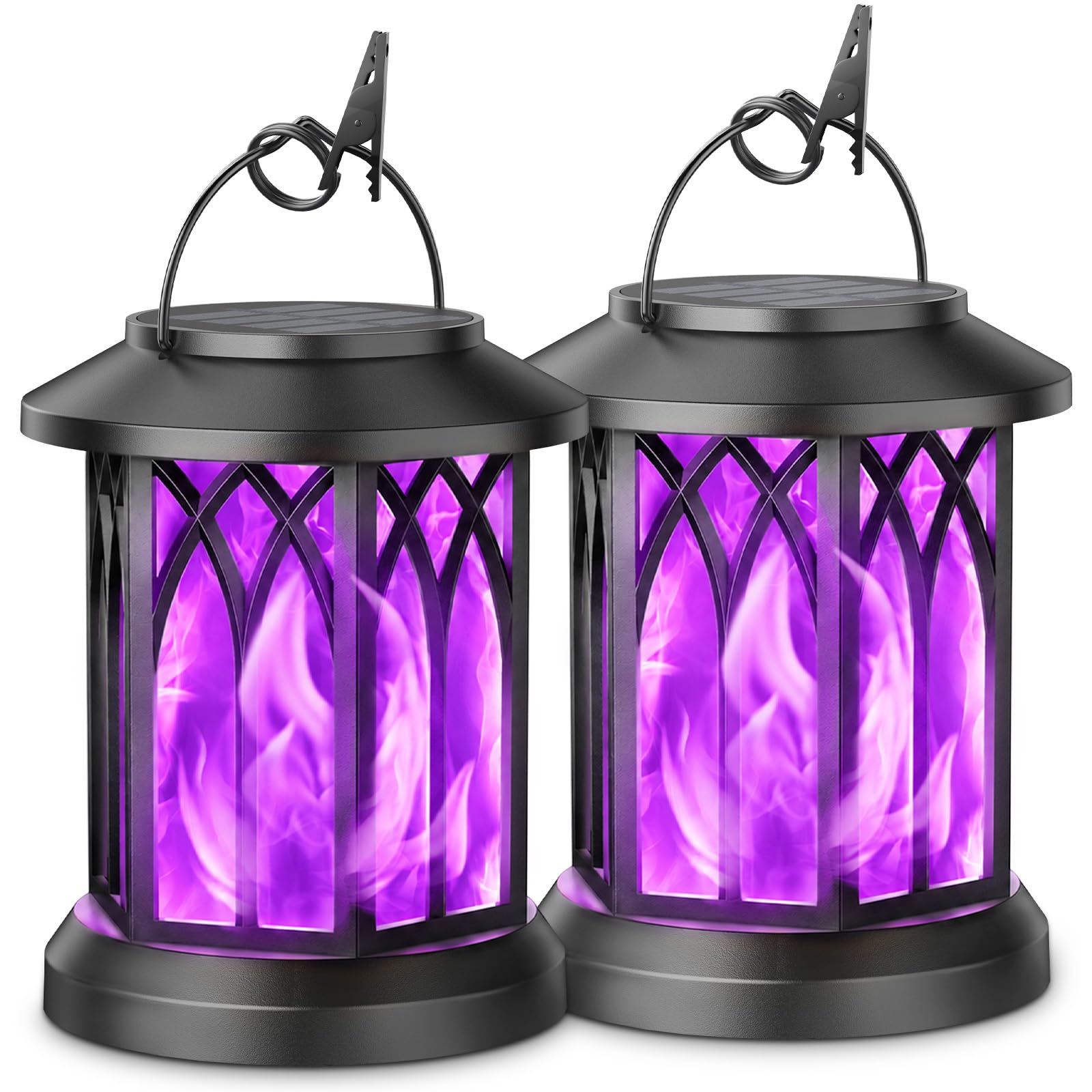 KOOPER Hanging Solar Lights Lantern , Flickering Flames Solar Outdoor Lights, Solar Lanterns Outdoor Waterproof with Bigger Panel, Lanterns Decorative Outdoor for Yard Decor, 2 Pack (Purple Light)