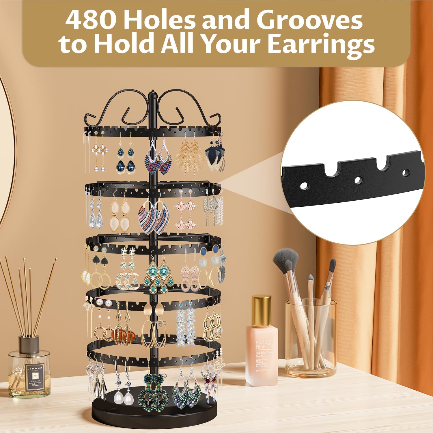 LASZOLA 5 Tier Black Earring Holder Organizer Tree Women Display Storage for Stud and Hoop, Large Cool Rotating Clip Stand for Pierced and Dangle Earring, Vertical Metal Tower Carousel with 400 Holes