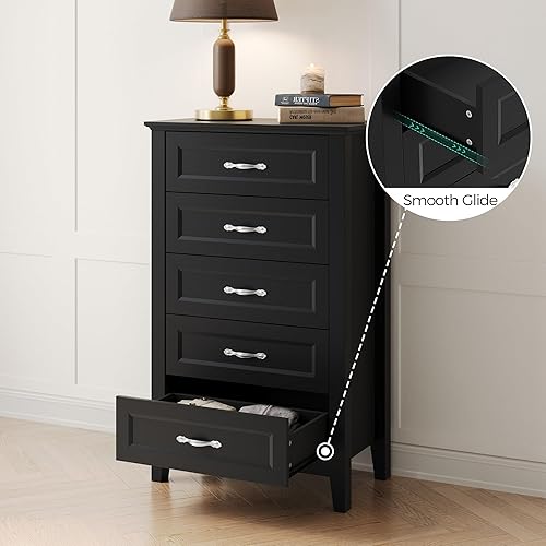 Miniatura 6 de LINSY HOME Cómoda negra cómoda negra para dormitorio cómoda de 5 cajones con asas de metal cómoda alta para guardería entrada y almacenamiento de