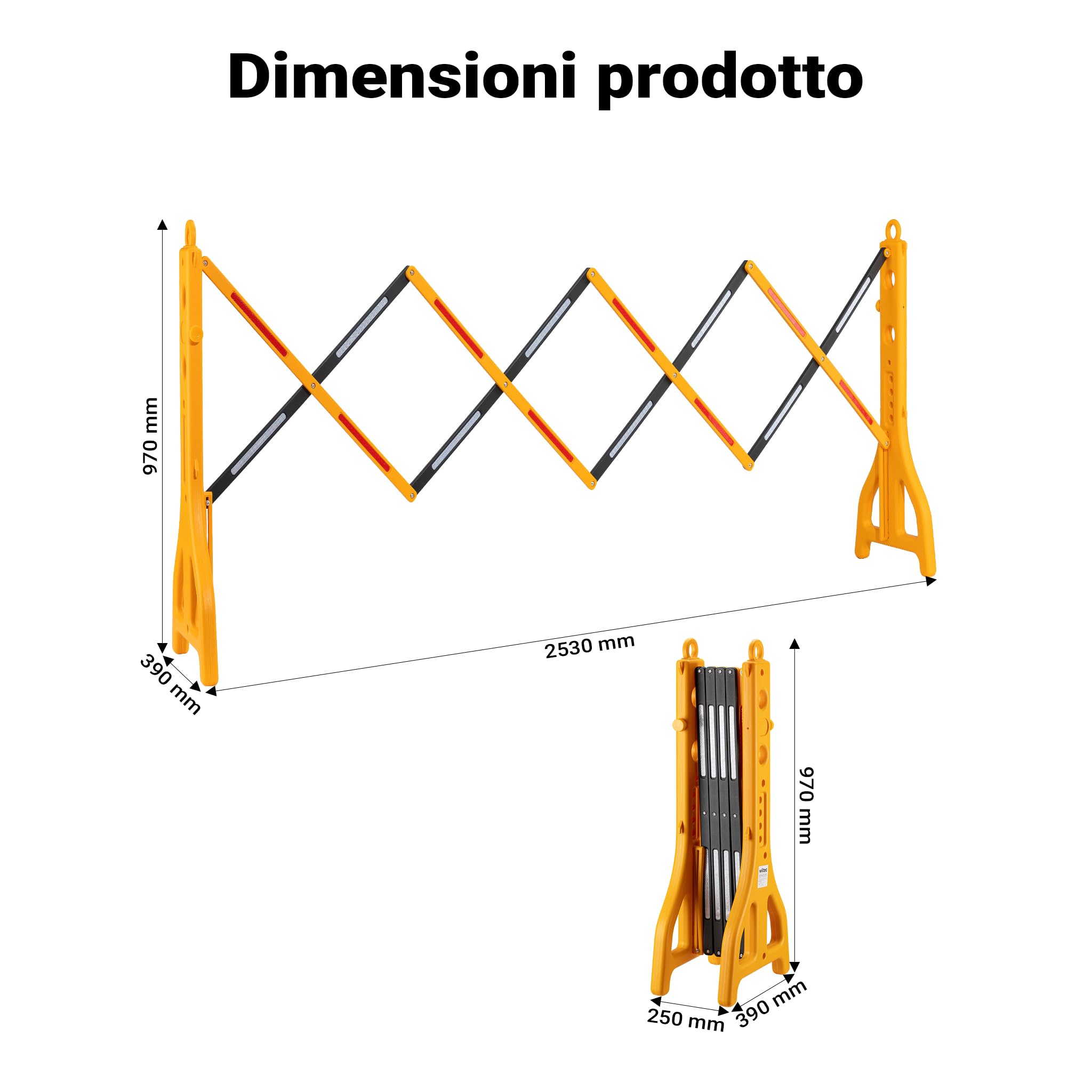 Wiltec Transenna estensibile 250 cm in plastica, barriera a pantografo con nastro riflettente, barriera da cantiere zavorrabile e pieghevole, transenna per il traffico