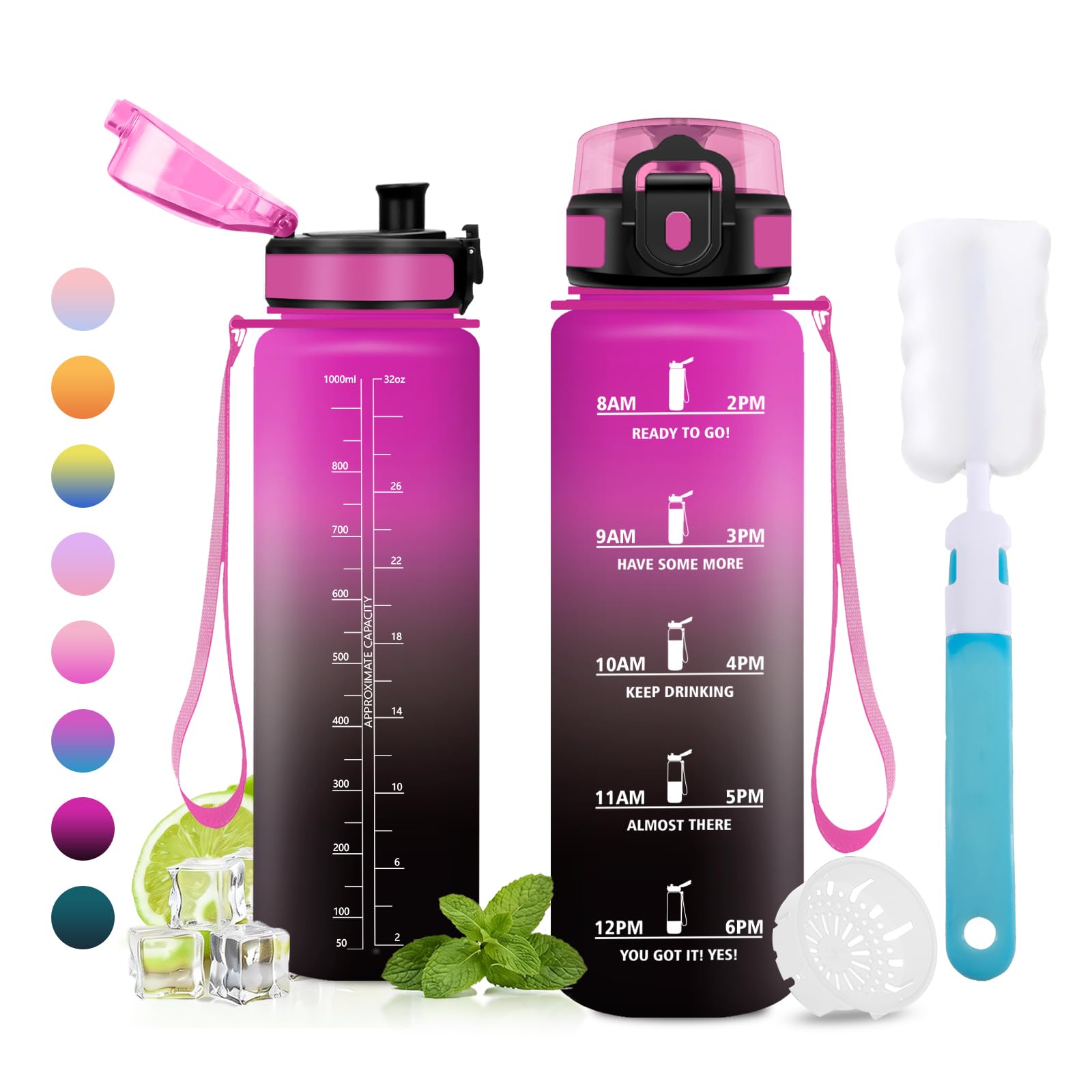 JAPORIA 1L Water Bottle, BPA Free, Water Bottle with Filter, Motivational Time Markers Bottle for Students, Office, Sports