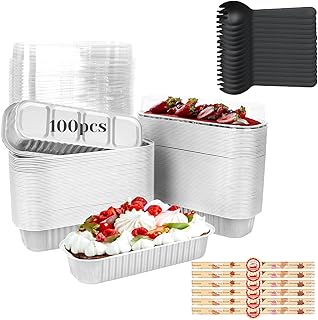 100 Pack Mini Loaf Pans with Lids, Spoons & Stickers – Disposable Aluminum Foil Baking Cake Containers for Oven, Air Fryer & Freezer – Ideal for Cakes, Bread, Pudding, Parties & Gifting, Sliver