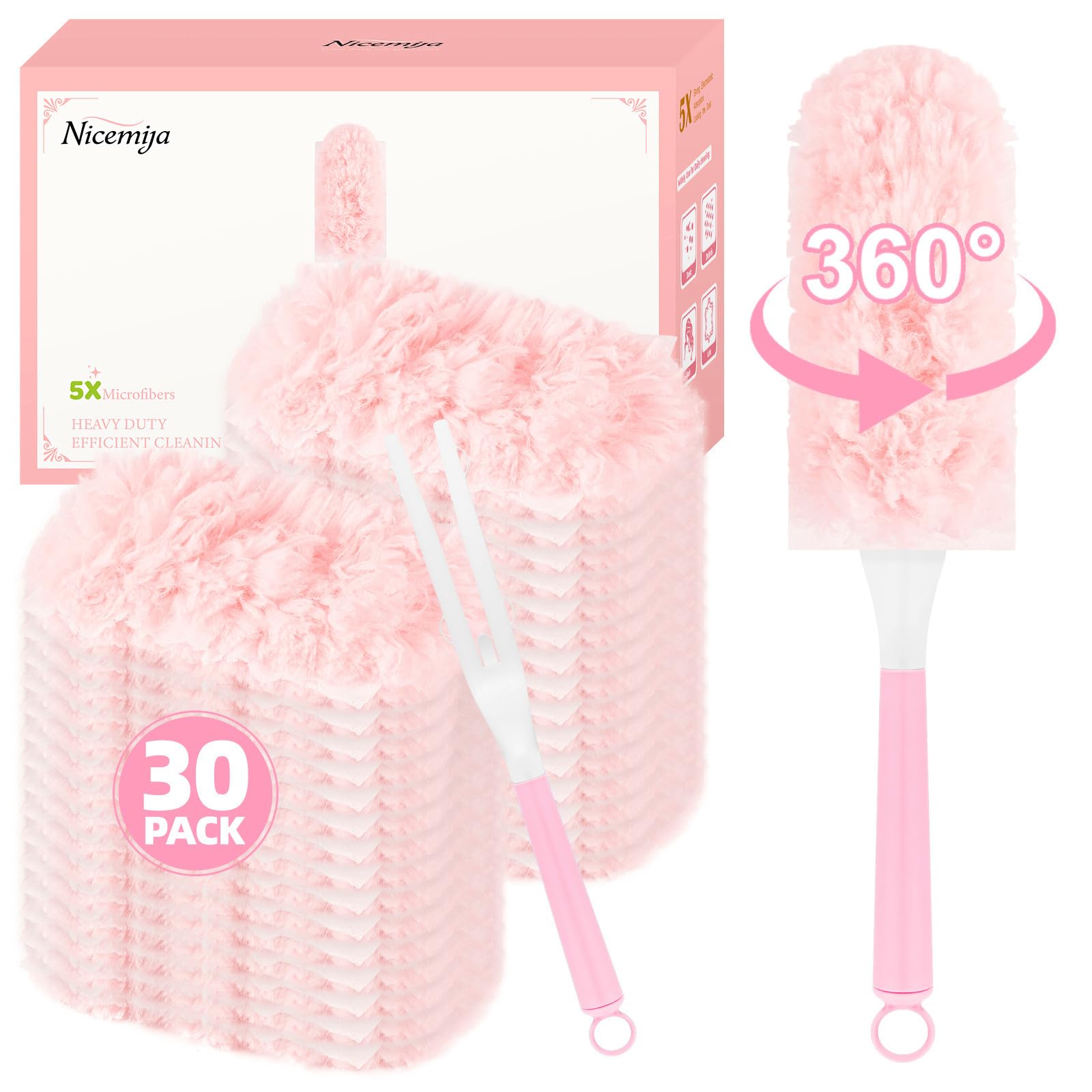 30 recambios de plumero rosa para Swiffer Duster, recambios de plumero multisuperficie de 360° con 1 asa, 5 plumeros desechables de microfibra para limpieza del hogar, oficina y comercial