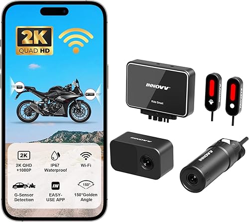 Miniatura 10 de INNOVV K6 - Cámara de salpicadero de motocicleta de doble canal QHD 2K+1080P, IP67 impermeable Mini Motocam con Wi-Fi, ángel dorado de 120°,