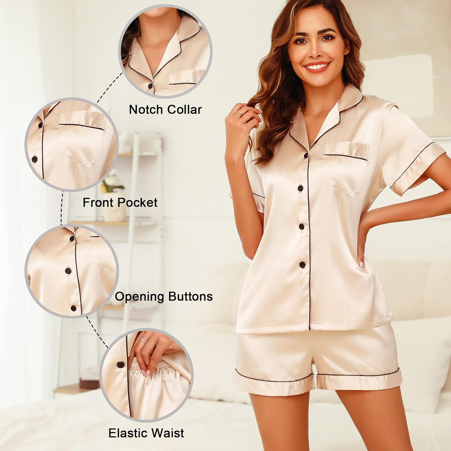 Vlazom Womens Silk Pajamas, Short Sleeve Satin 2 Piece Pj Sets Button-Down Sleepwear Loungewear Pjs Shorts Set S-XXL - Image 5