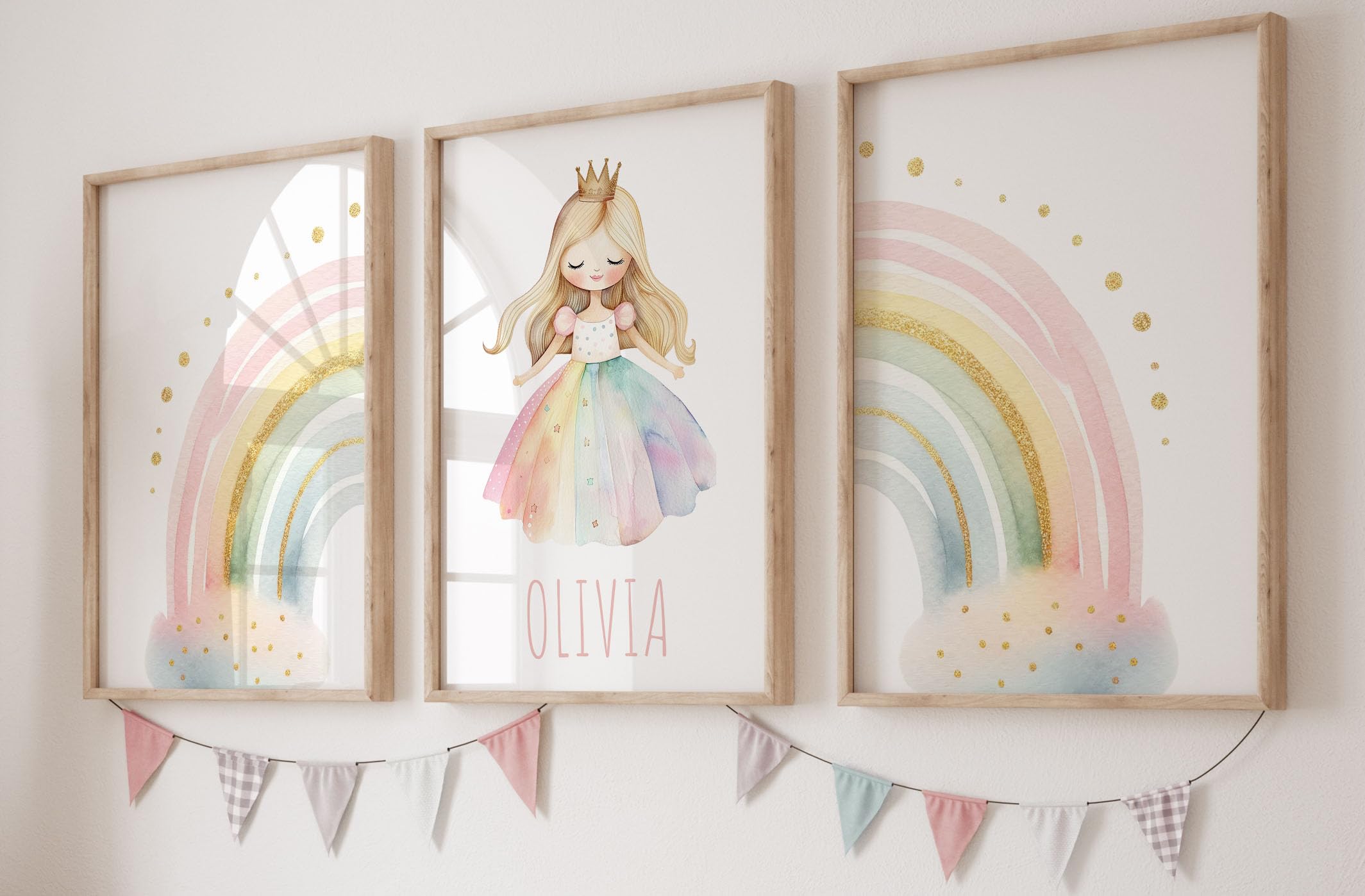 Personalised Rainbow Princess Set of 3 Unframed Poster Prints, Personalise Name, 5 Princess Combinations, Princess Theme Room Decor, Girls Bedroom