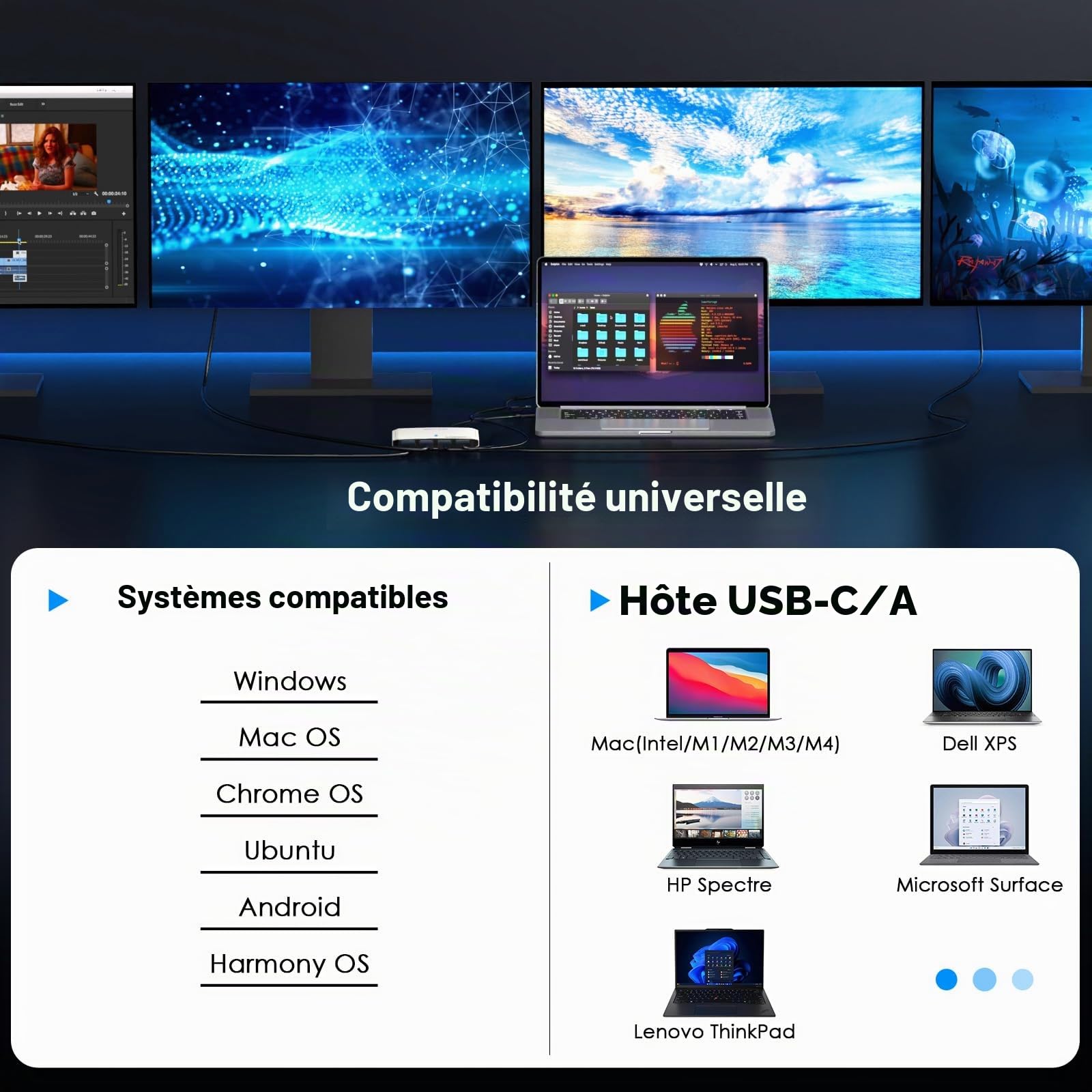 WAVLINK Répartiteur USB 3.0 USB C vers Quad Displayport pour Quatre écrans avec 85W PD, Adaptateur Displaylink 4 DP 4K @ 120 Hz pour Mac M1/M2/M3/M4 & Windows, Compatible avec Le Nouveau MacBook Neo