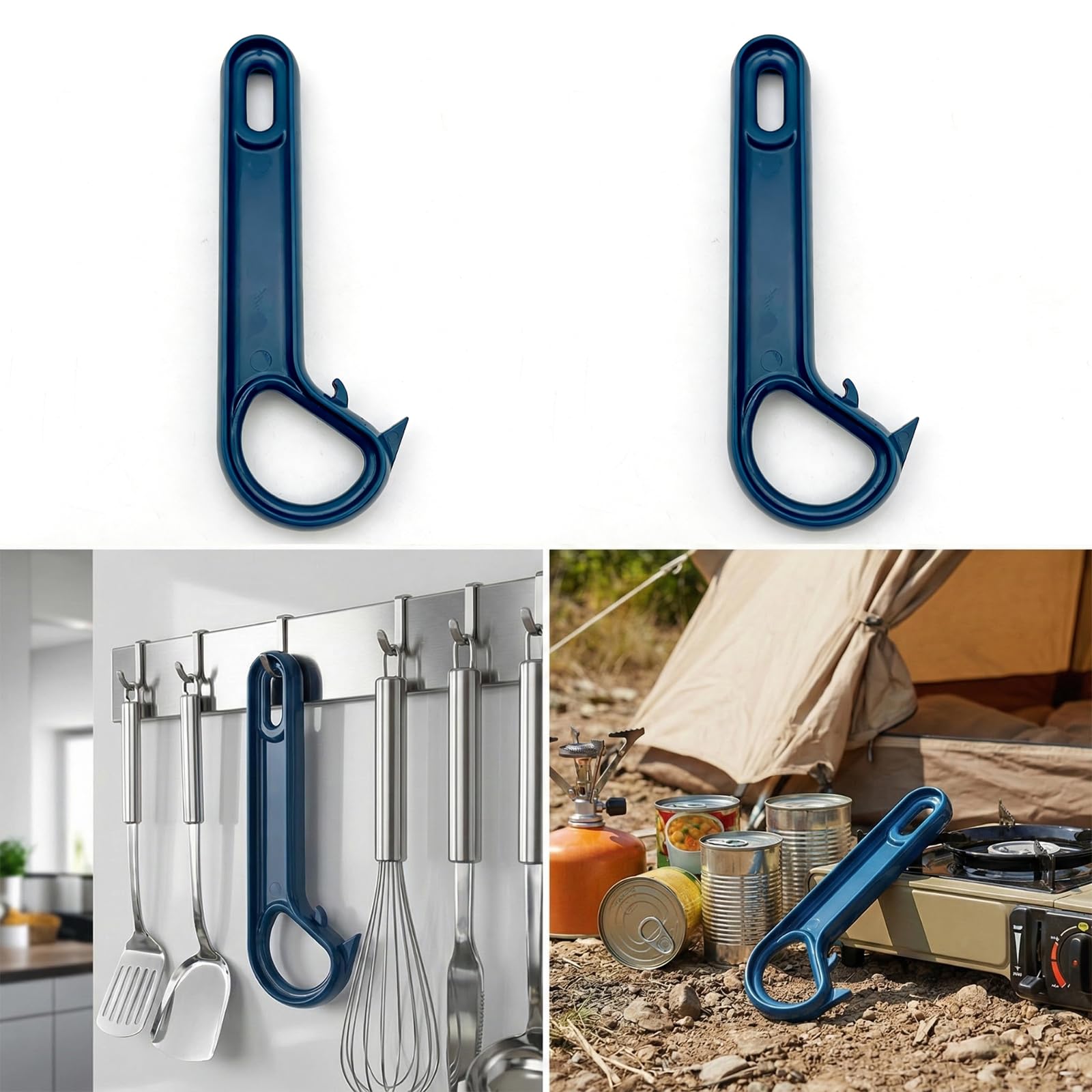 Zugring Apriscatole a forma di J con linguetta ad anello, apriscatole manuale, apribottiglie ergonomico, blu