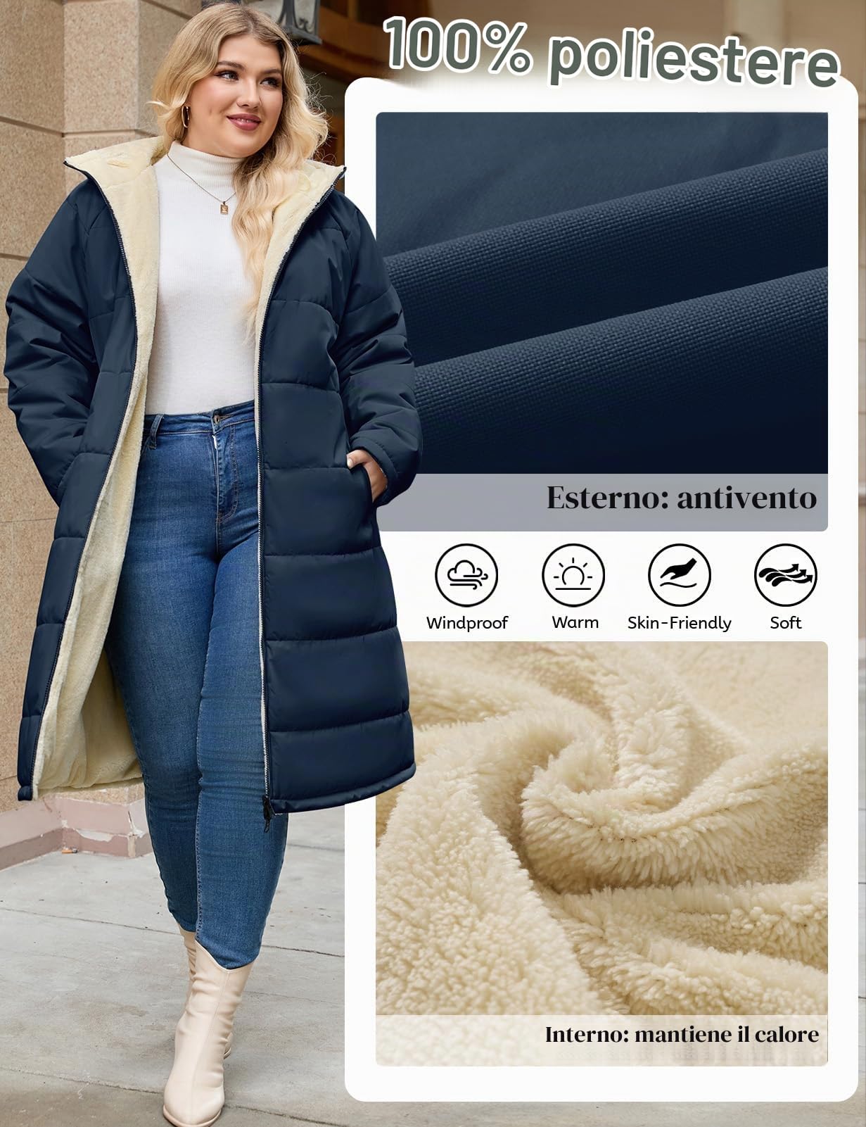 CMTOP Cappotto Donna Invernale Taglie Forti Lungo, Foderati in Pile Caldo Giubbotto Antivento Parka Elegante Classico Giacca Imbottito Giaccone con Cappuccio, Cerniera e Tasche