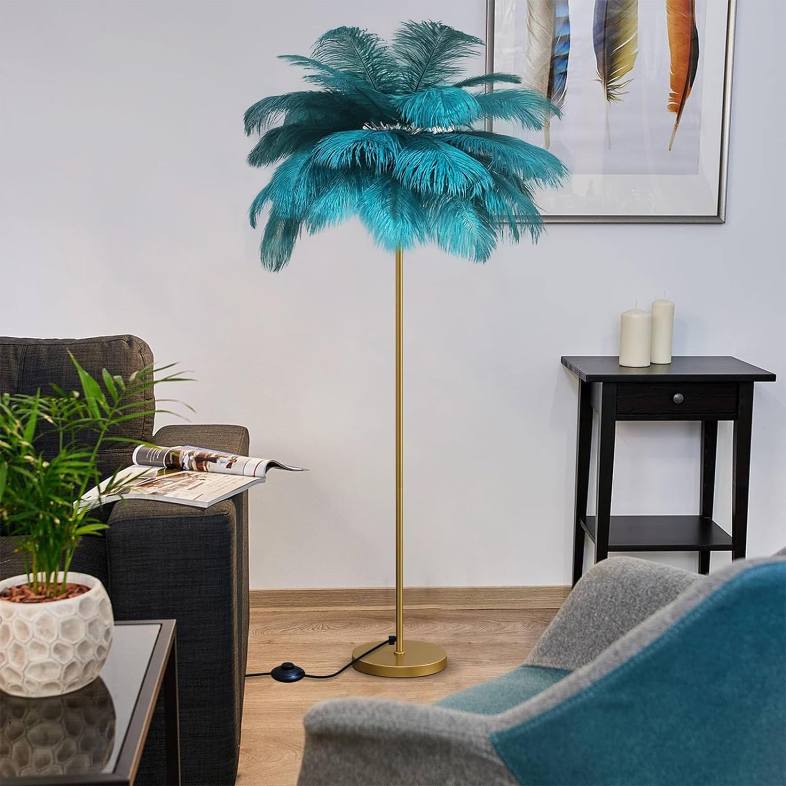 Lampadaire plumes autruche led dimmable lampe sur pied dorée salon