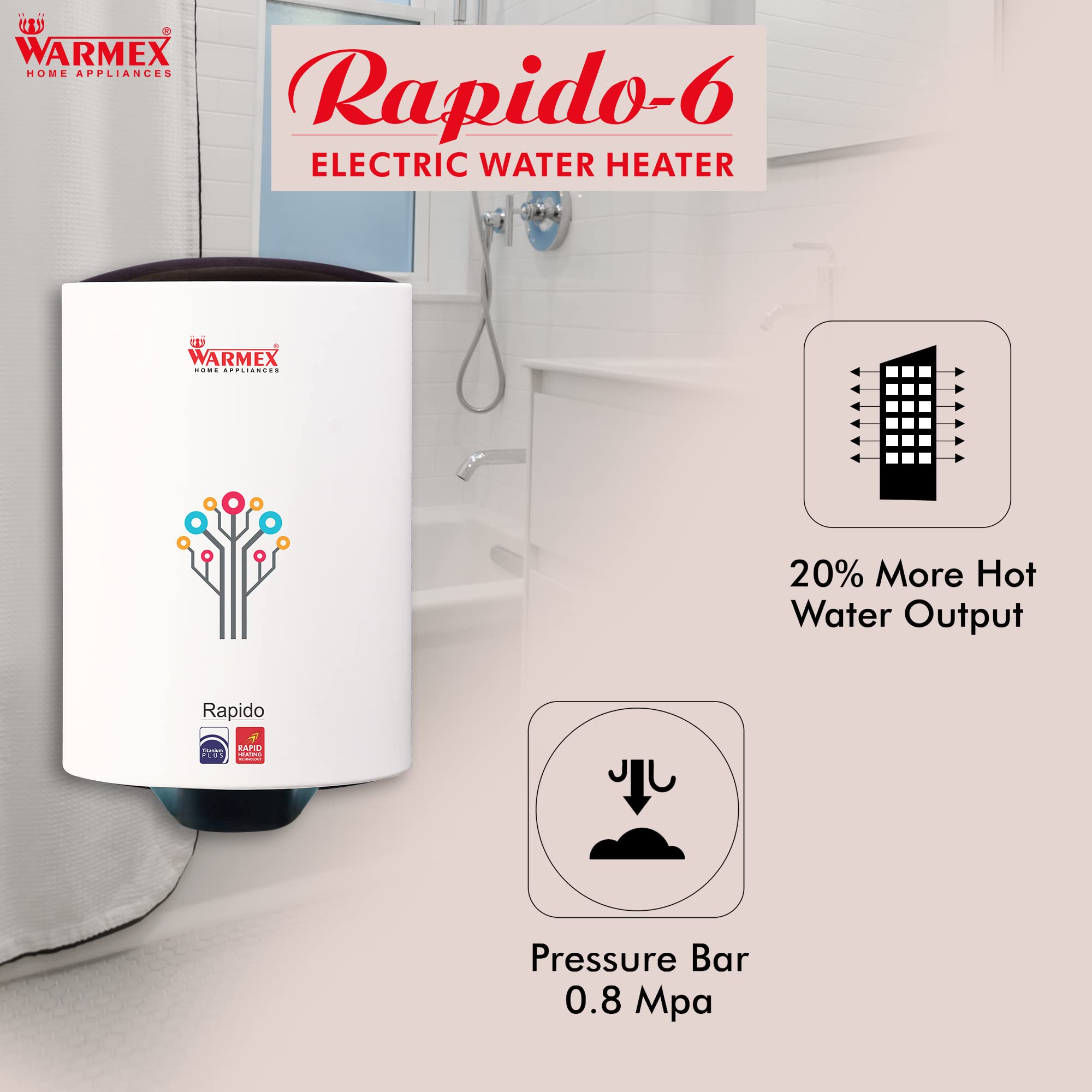 Buy Warmex Rapido-6 2000 Watts IPX4 Waterproof Storage Electric Water Heater  with Titanium Plus u0026 Rapid Heating Technology 6 L (White) Online at Low  Prices in India - Amazon.in