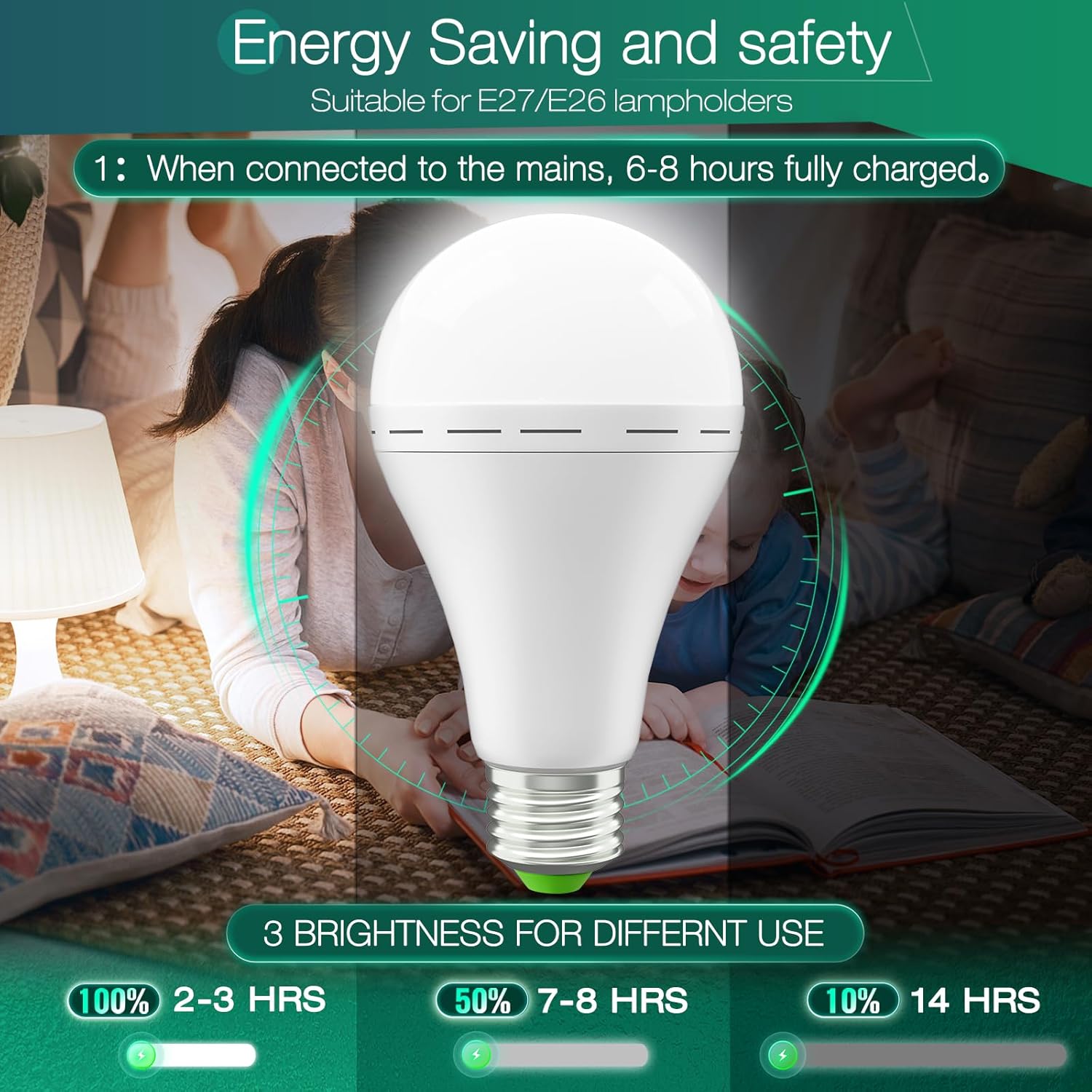 Emergency-Rechargeable Light Bulb with Hook,Stay Lights Up When Power Failure, 1500mAh 12W 60W Equivalent LED Light Bulbs for Home, Camping, Hiking, 6 Pack, Cool White