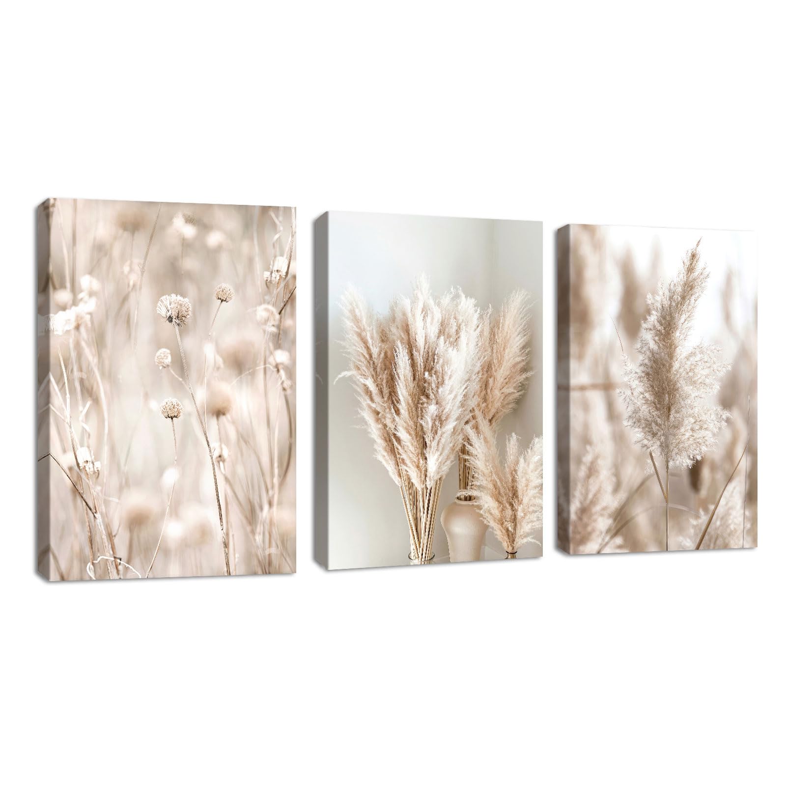 FajerminArt 3 Panels Boho Canvas Wall Art Set Modern Beige Reeds Pampas Plants Pictures Painting on Canvas Prints for Living Room Bedroom Office Wall Decoration Stretched On Frame 50x70cmx3Pcs