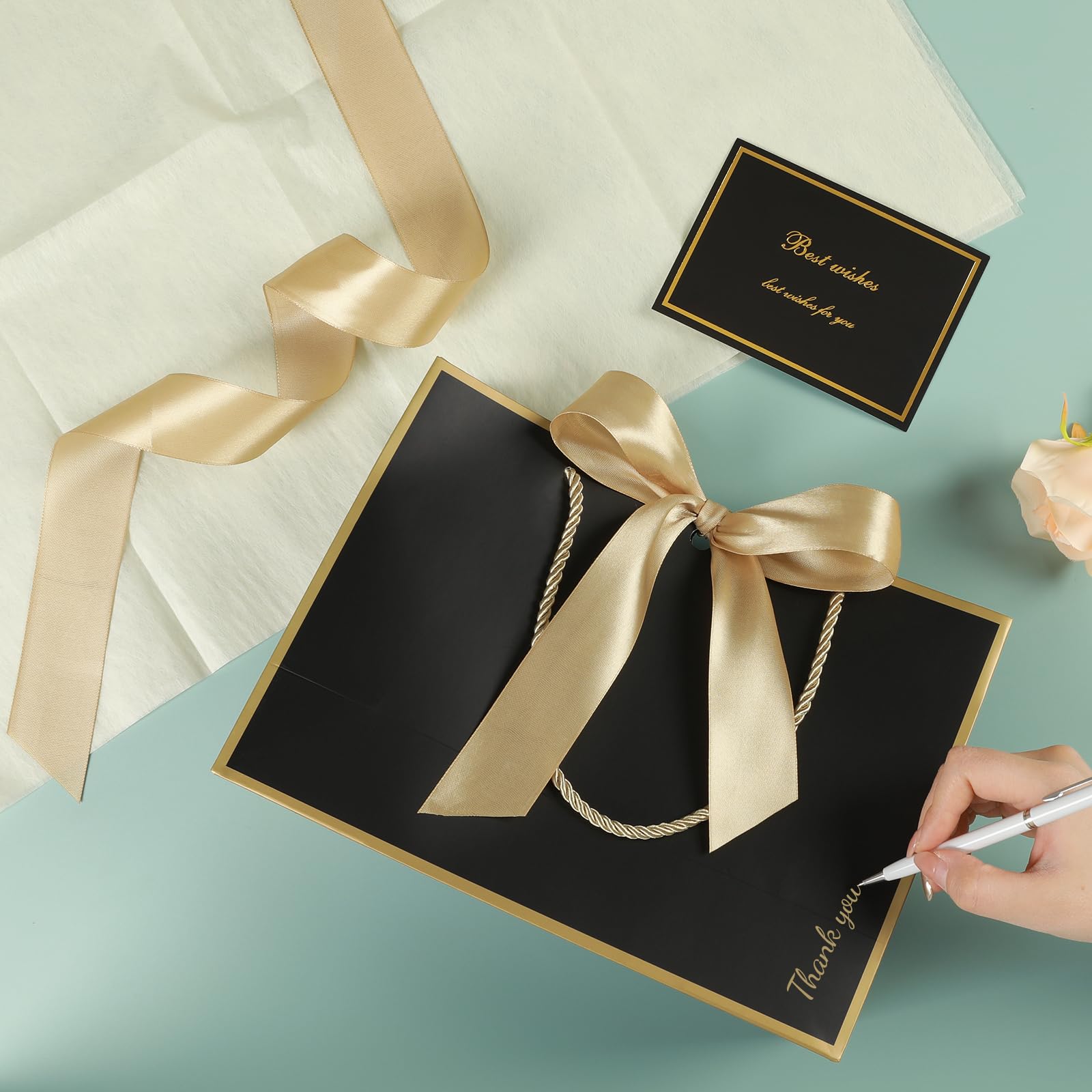 4 Sacs Cadeaux Luxe Avec Rubans Et Papier De Soie - Champagne Et Gris, 28x20x9cm