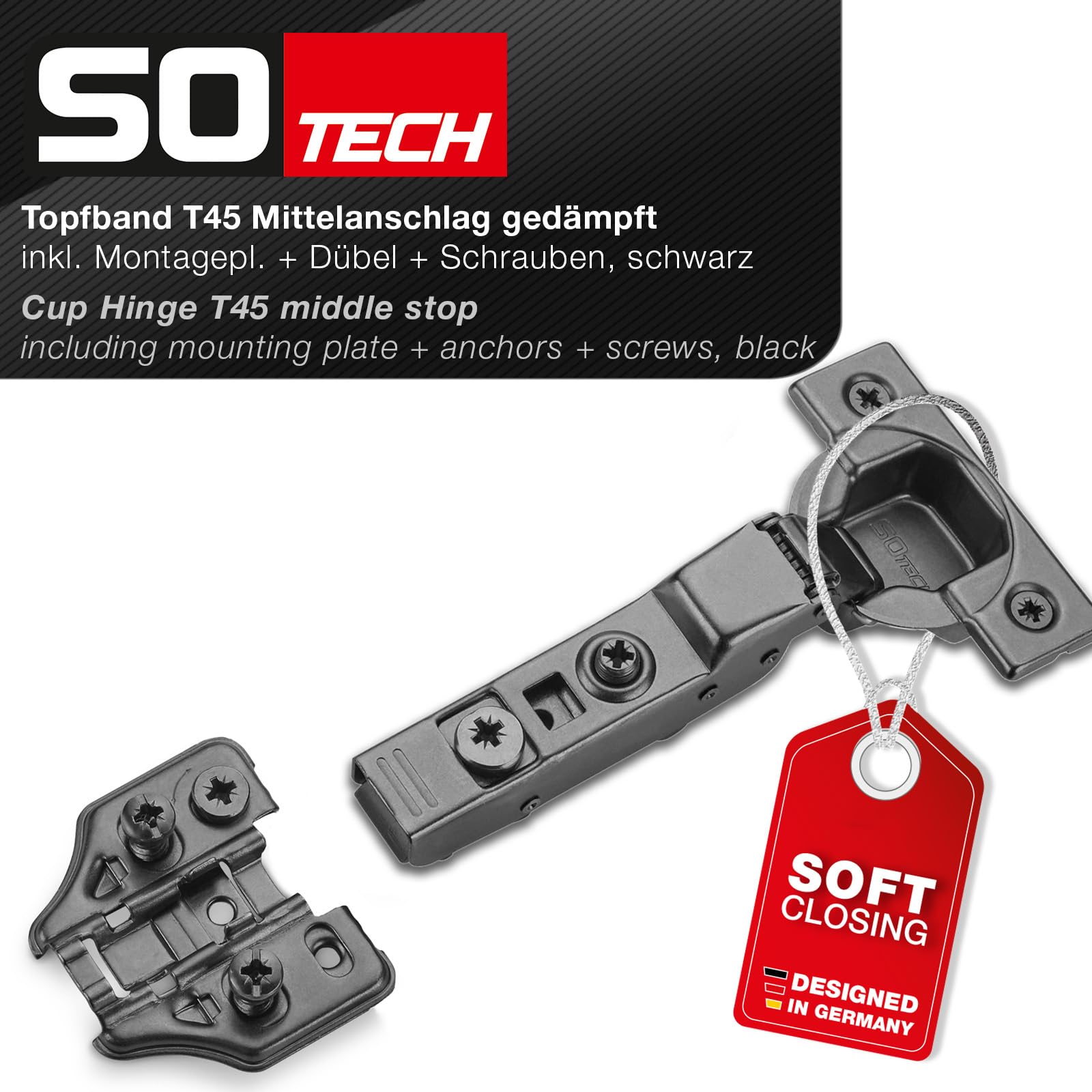 SOTECH juego de 10 bisagras de embutir T45, cierre central, fijación con tornillos y tacos, negro, amortiguación de 105°