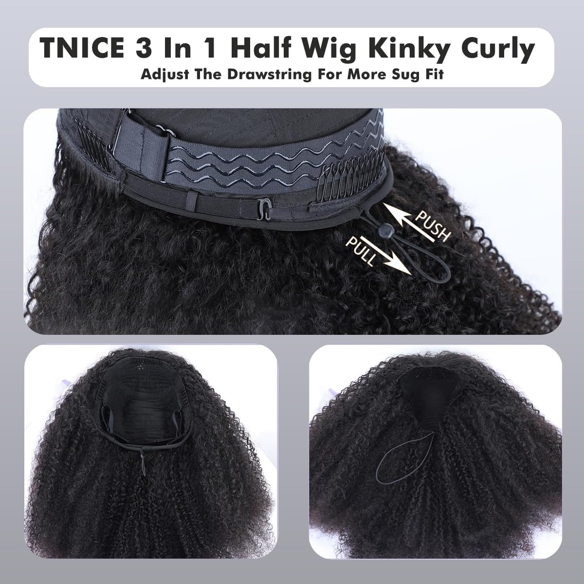 Half Wig Human Hair Perruque Bresilienne Cheveux Humain Wear and Go 3 In 1 Drawstring Perruque bandeau Femme Naturelle Brésilien Sans Colle Kinky Curly Wig 180% Density 20 Pouces