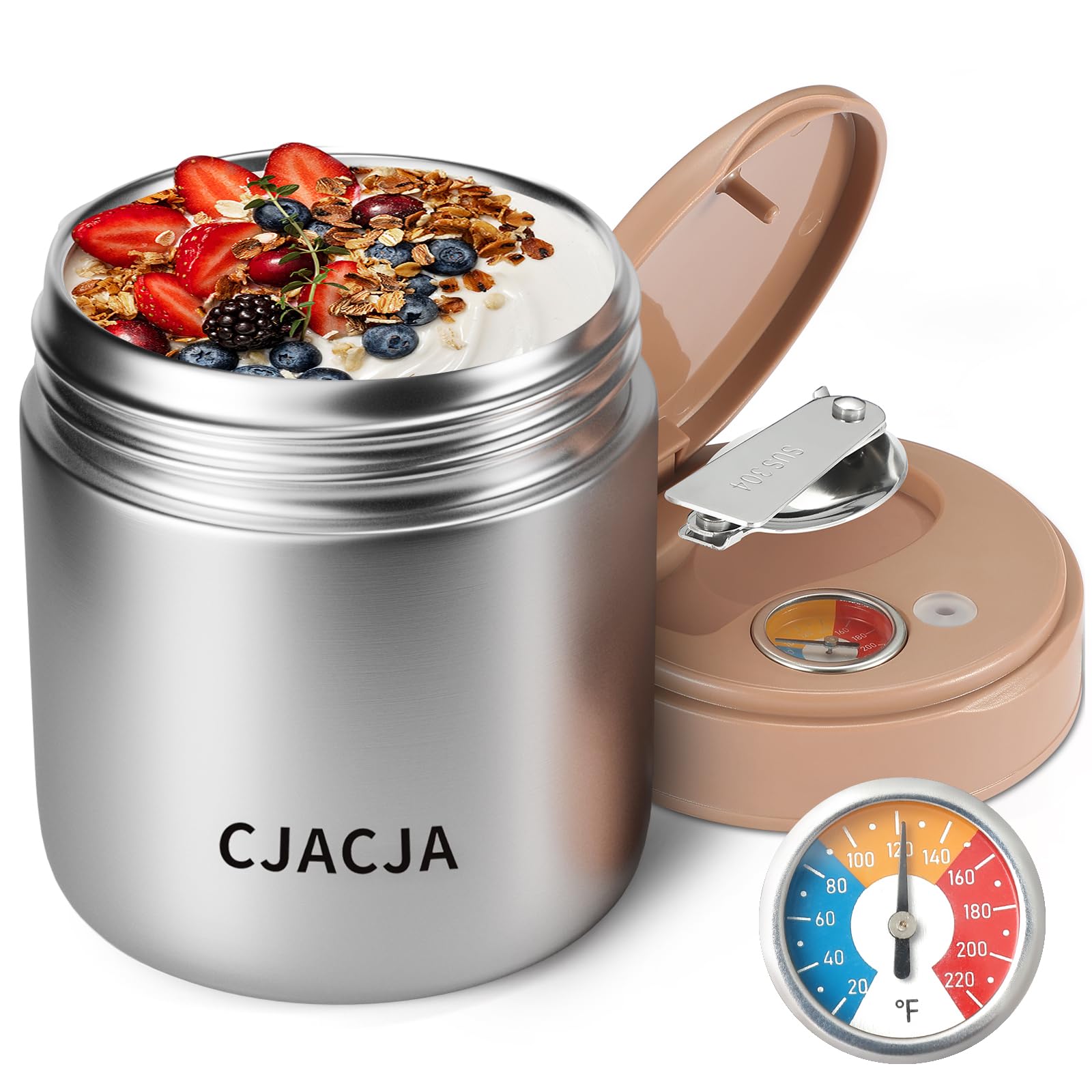 Insulated Food Jar with Temperature Display - 15.2 Oz, Thermo for Hot Food, Soup Thermo, Termos Para Comida Caliente, Width Mouth Stainless Steel Lunch Box with Folding Spoon, Silver
