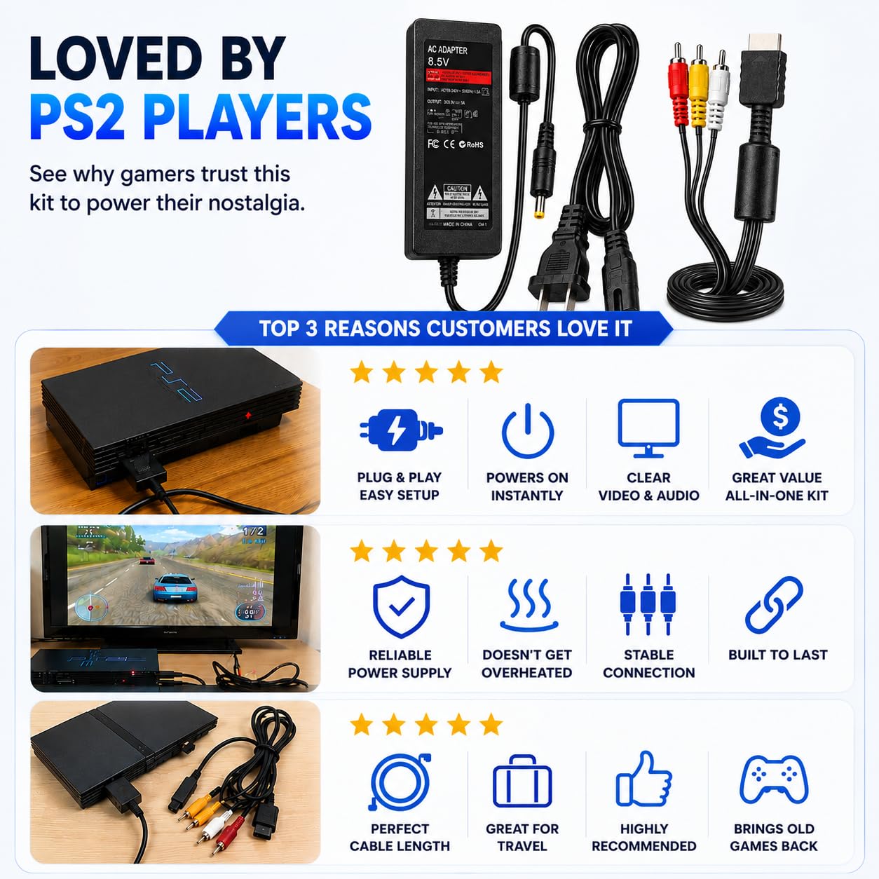 Cable adaptador de cargador de CA para Sony PlayStation 2 PS2 Slim A/C 70000 9000 SCPH-70000 7000 Gaming Console cargador de pared de viaje