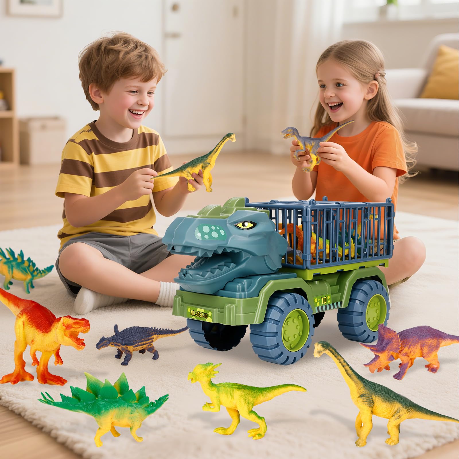Camión Transportador de Dinosaurios,Juguete de Camión de Dinosaurio,Transportador de Autos Dinosaurios para Niños,Transportador de Coches con 15 Animales de Juguetes Dinosaurios Juegos Set Caja