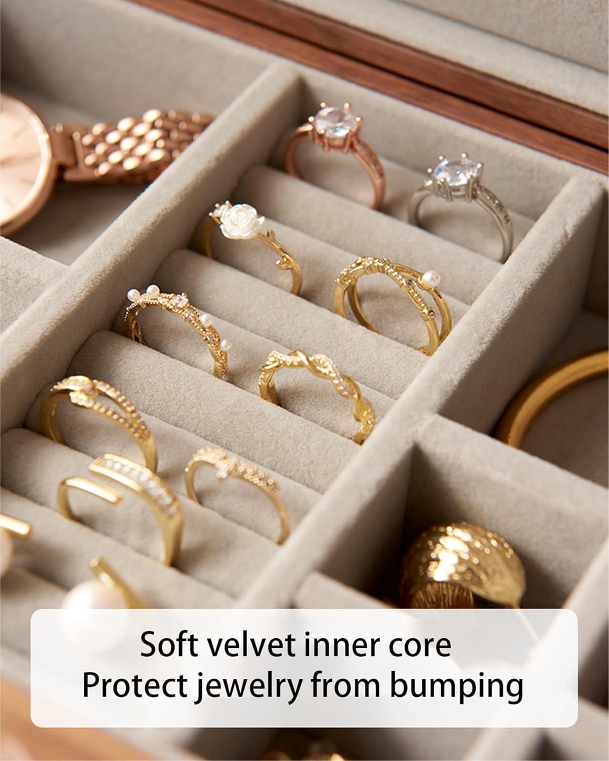 Small Wooden Jewelry Box, Vintage Delicate Walnut Wood Jewelry Case, Ideal Gift for Man Women, Protable Travel Jewelry Organizer (Gray, Medium)