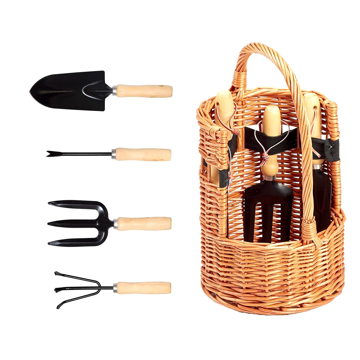 Avilia Cesto con Attrezzi per Giardinaggio - Set Completo con Rastrello e Palette, Ideale per la Cura del Giardino, 22x22x35 cm